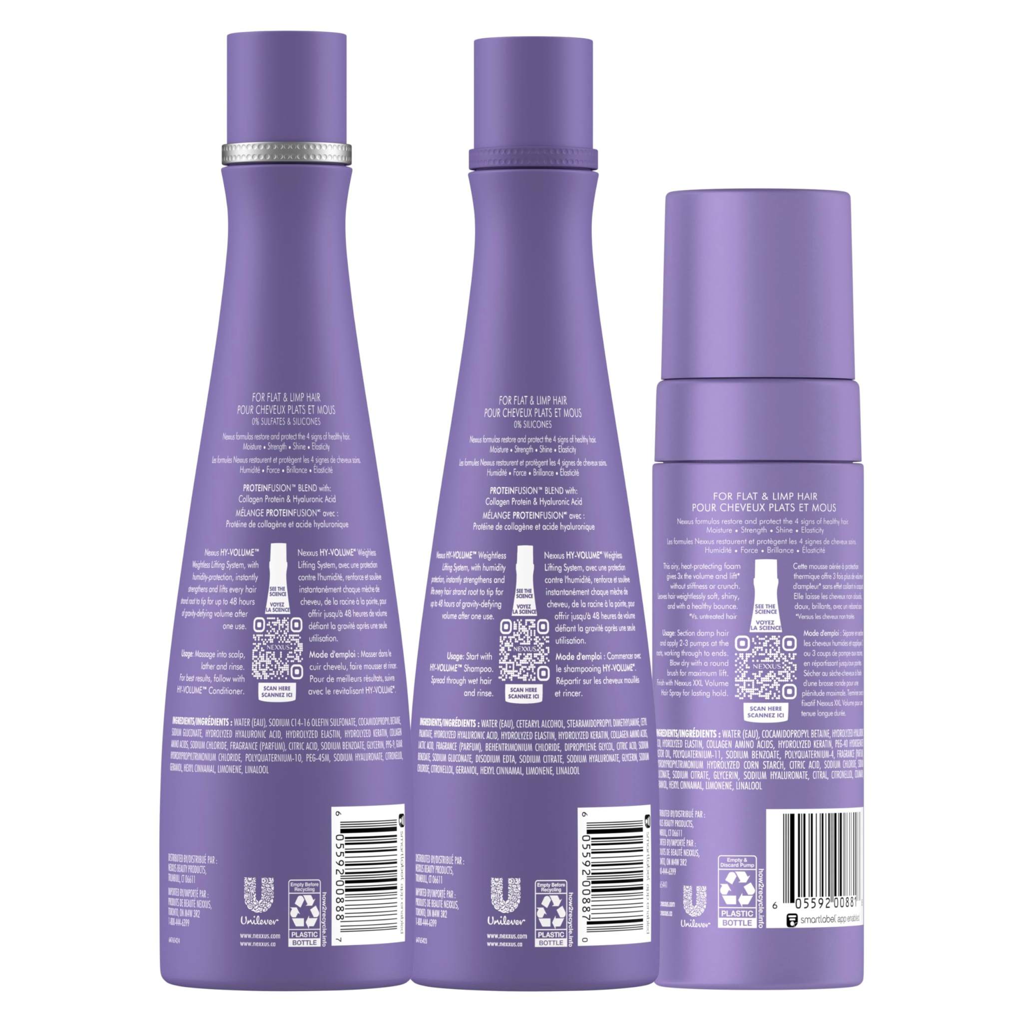 Nexxus HY-VOLUME shampoo conditioner foam 3-pack for volumizing hair, long-lasting 48-hour freshness, hair cleaner conditioner.