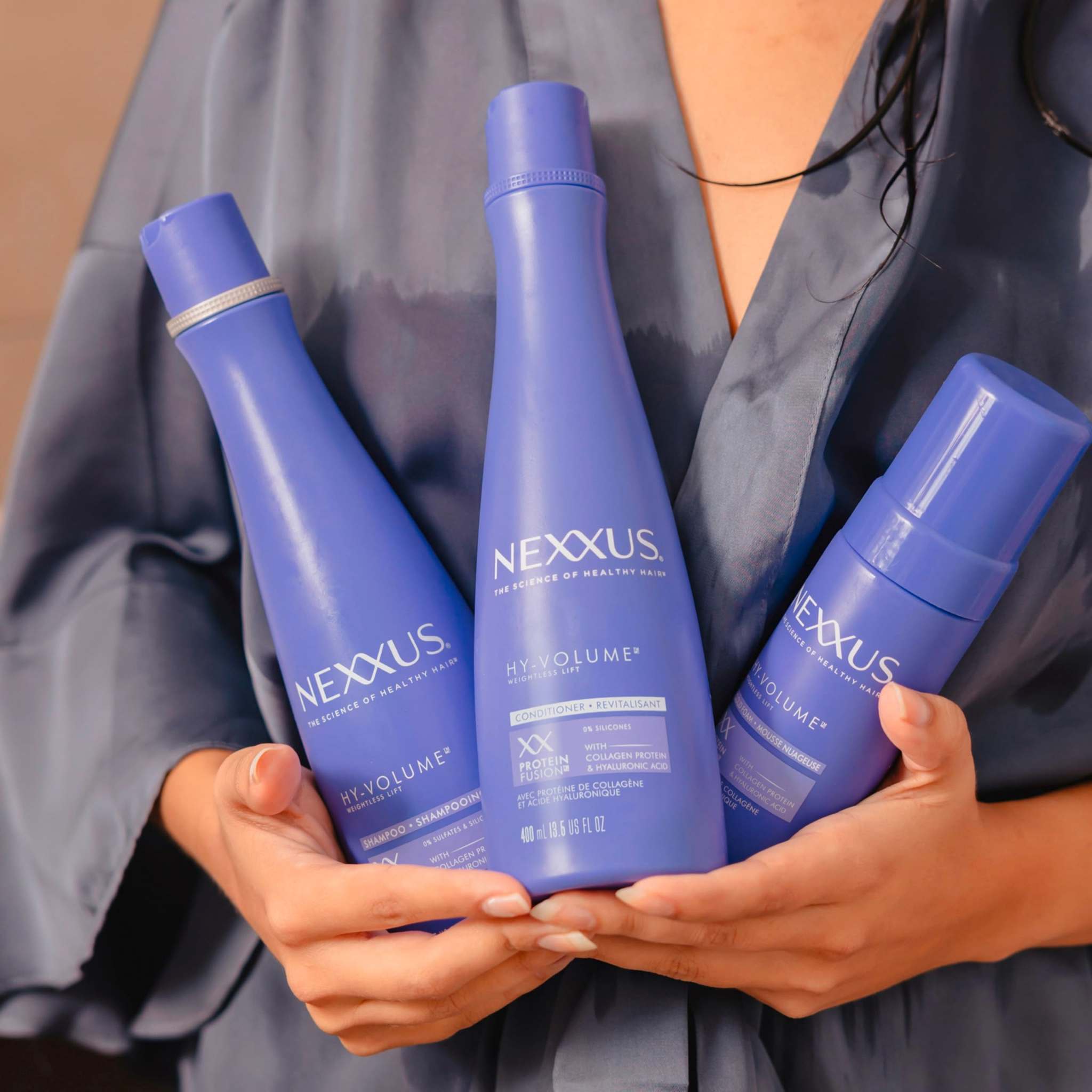 Nexxus HY-VOLUME shampoo and conditioner foam 3-pack, volumizing hair cleaner and conditioner for 48-hour freshness.