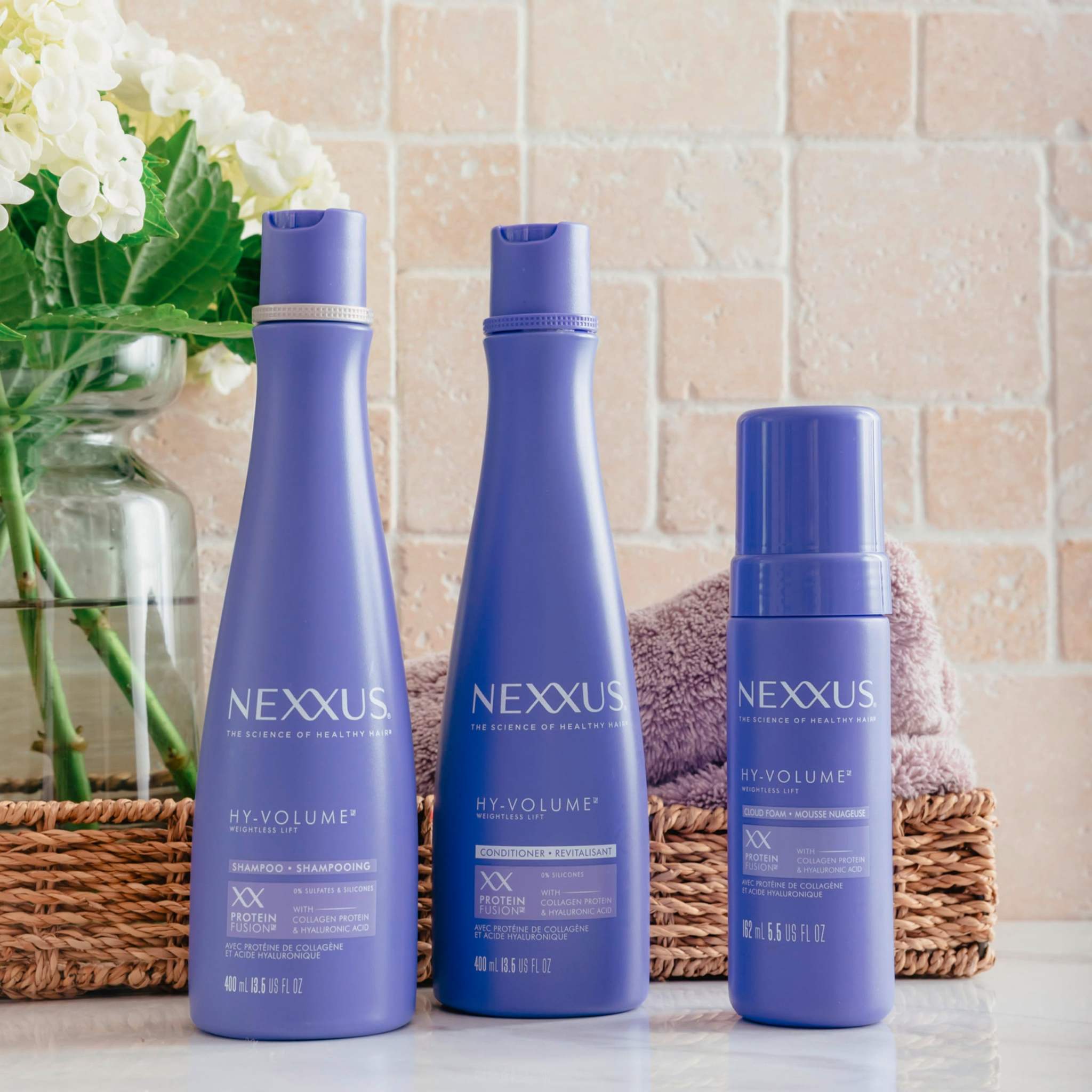 Nexxus HY-VOLUME shampoo and conditioner foam 3-pack for volumizing hair, long-lasting 48-hour freshness, hair cleaner and conditioner set.
