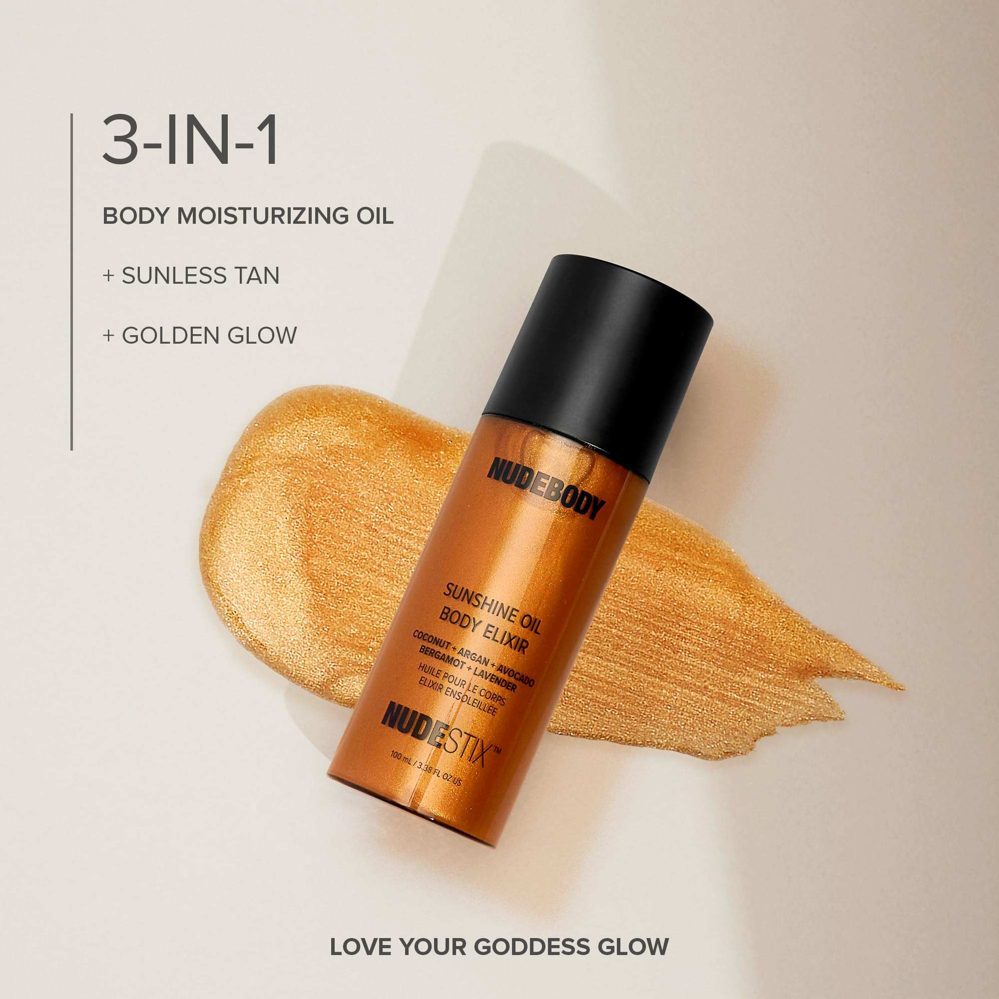 Nudestix Sunshine Oil Body Elixir moisturizer with shimmer, featuring a smooth liquid texture and a radiant, glowing finish.