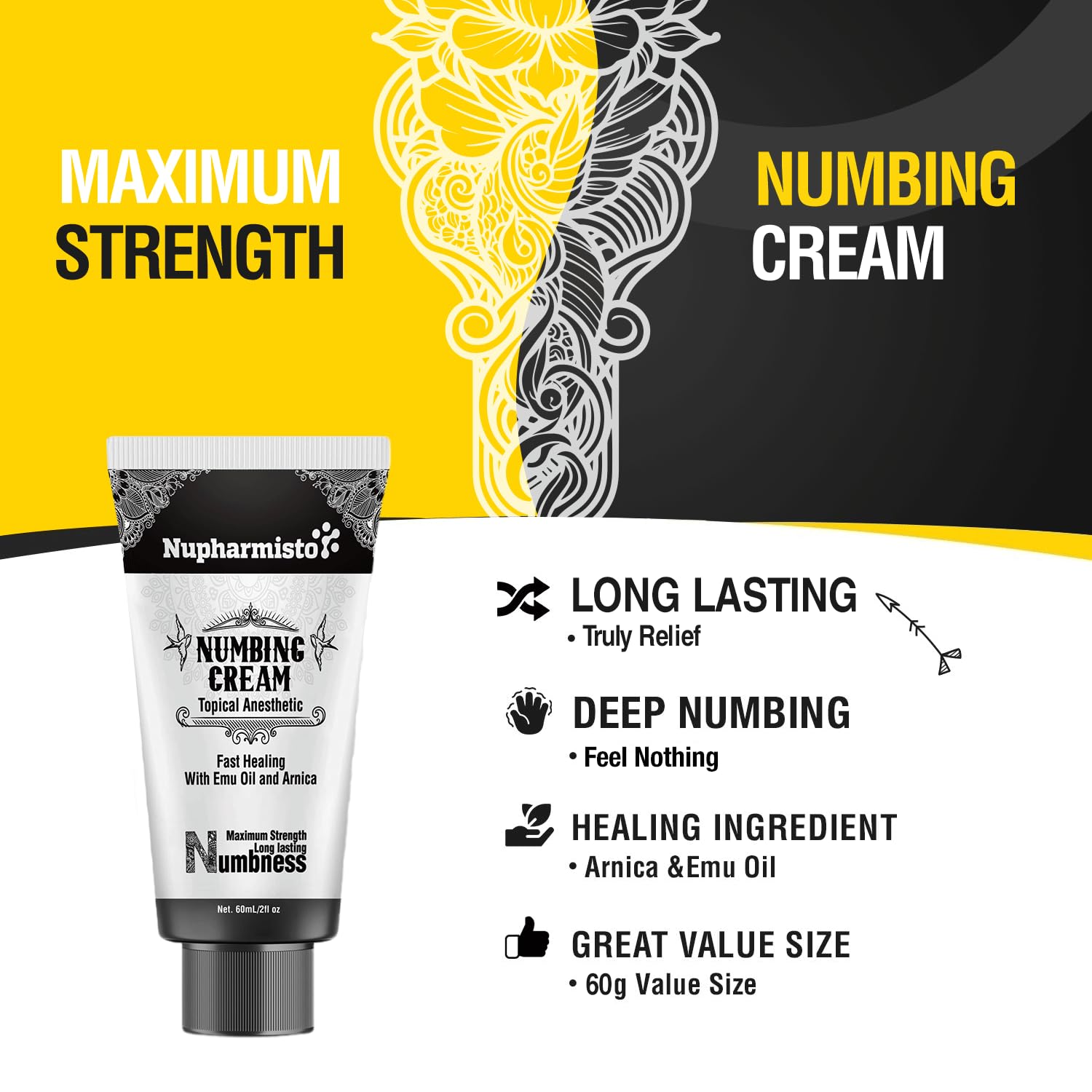 Nupharmco Max Strength Numbing Cream 60ml, skin care agent providing fast relief for skin numbing needs.