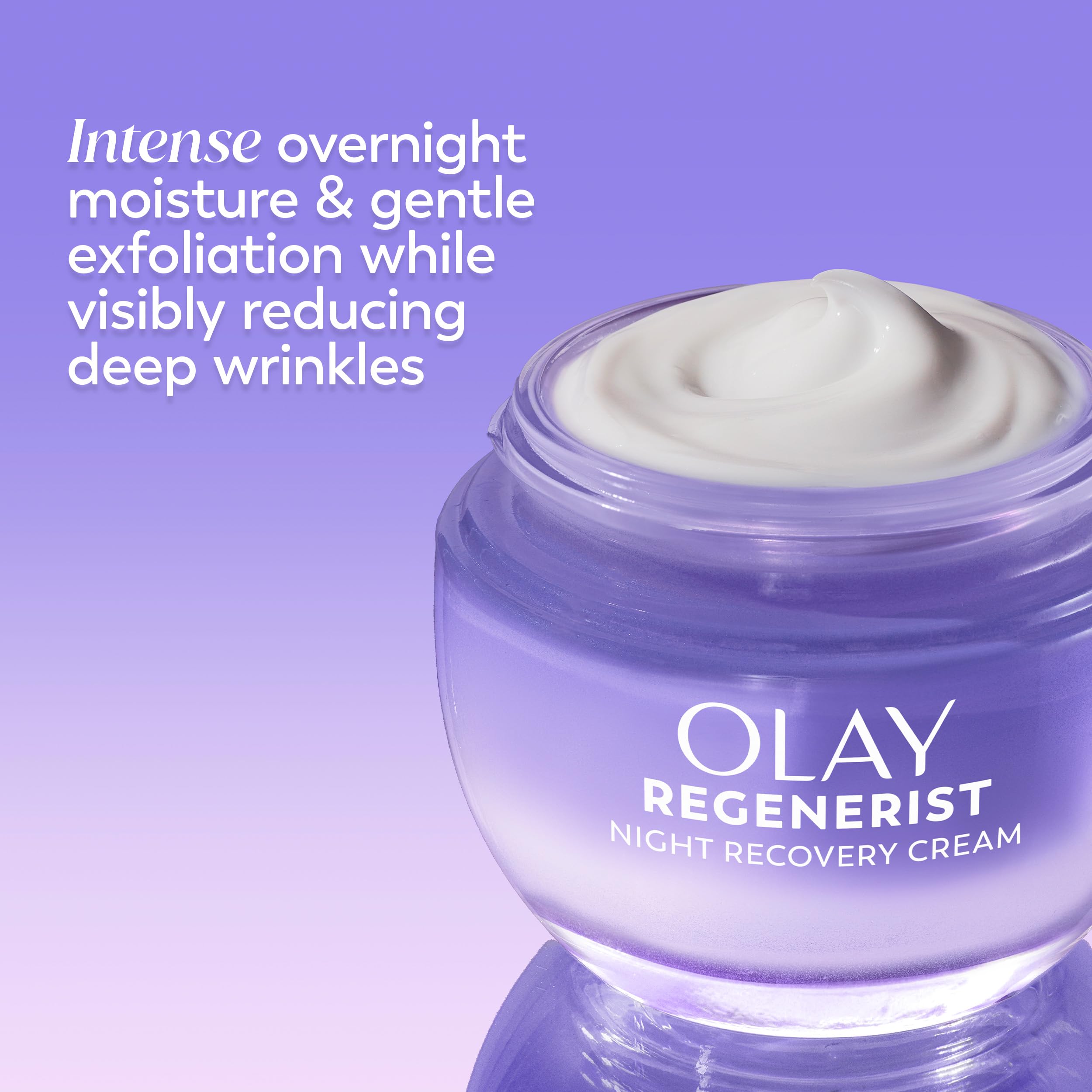 Olay Regenerist Night Recovery Cream in 1.7oz jar, creamy night cream with anti-aging properties for revitalized skin.