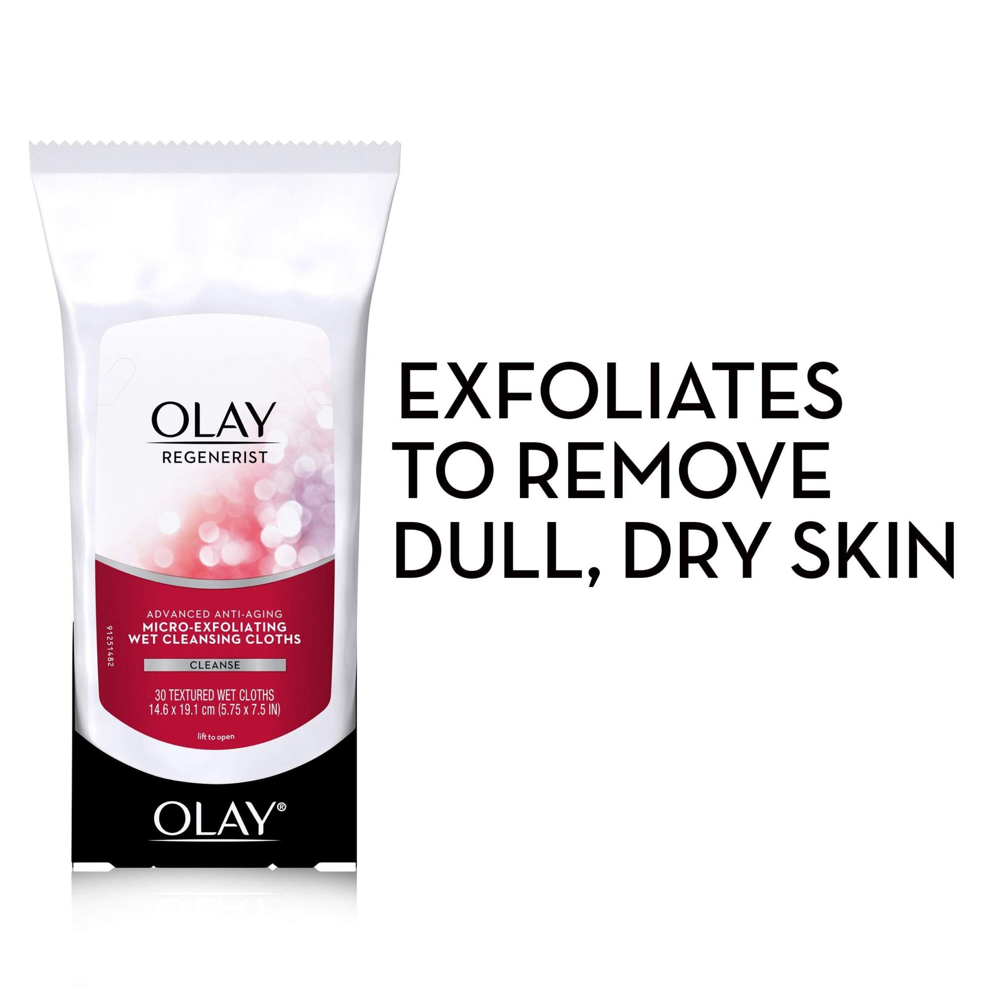 Olay Regenerist Micro-Exfoliating Cleansing Wipes 30 count pack, skin cleaning wipes with exfoliating properties, for fresh skin.