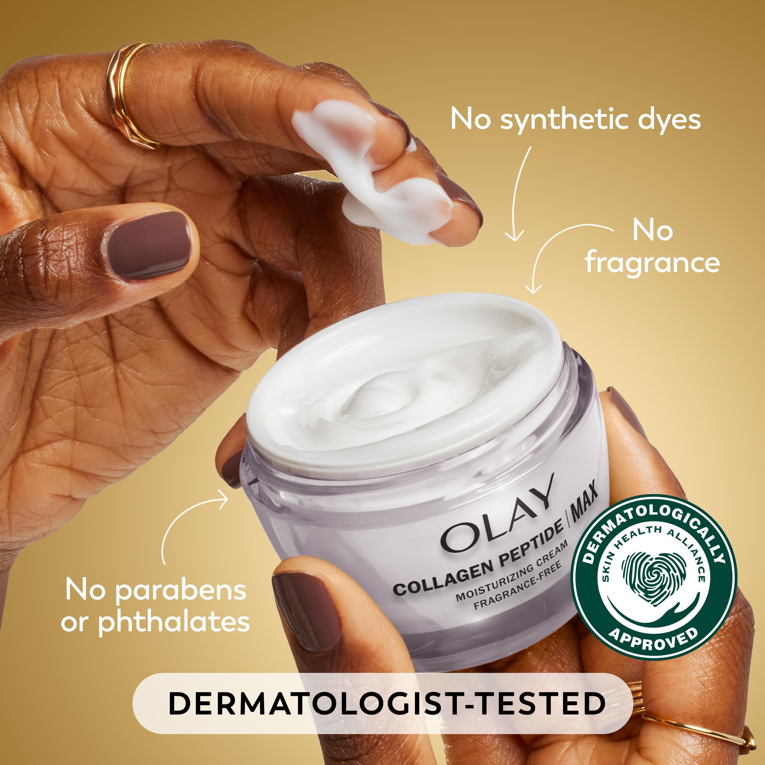 Olay Collagen Peptide 24 MAX Face Moisturizer in 1.7 oz jar, showing the skincare product with a smooth, hydrated skin background.