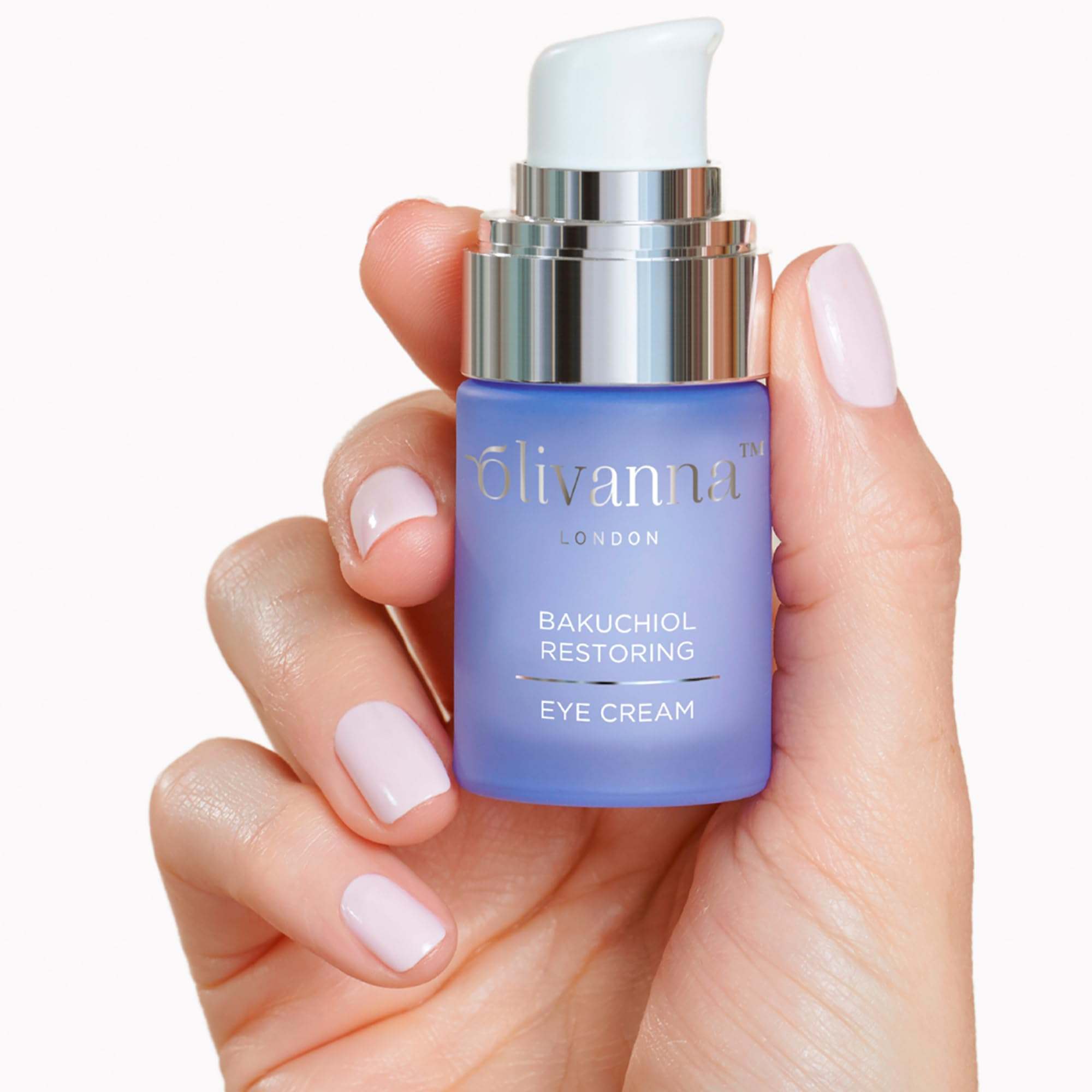 Olivanna Bakuchiol Eye Cream for dark circles, 0.5oz, in a white tube with black cap, designed to reduce eye puffiness and brighten skin