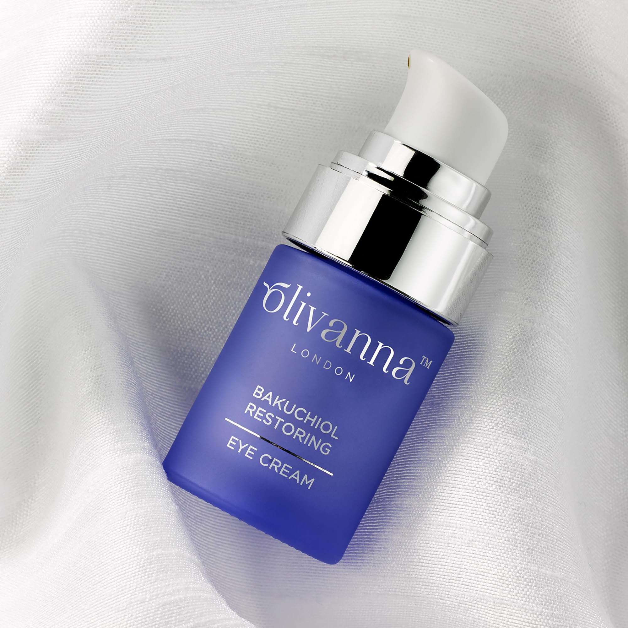 Olivanna Bakuchiol Eye Cream for dark circles in 0.5oz container, with a smooth cream texture and skincare packaging.