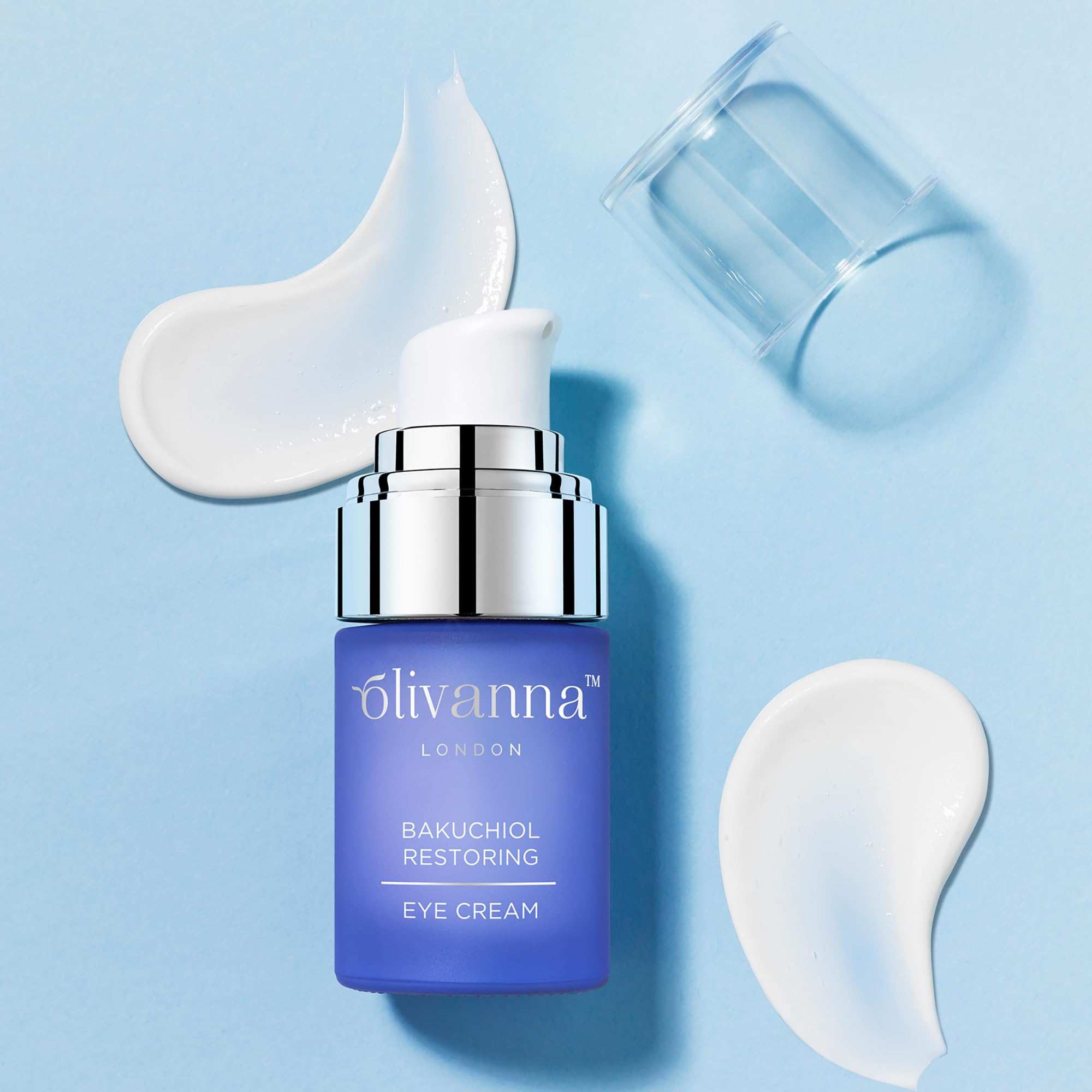 Olivanna Bakuchiol Eye Cream for dark circles in 0.5oz jar, featuring a smooth cream texture and eye-area packaging.