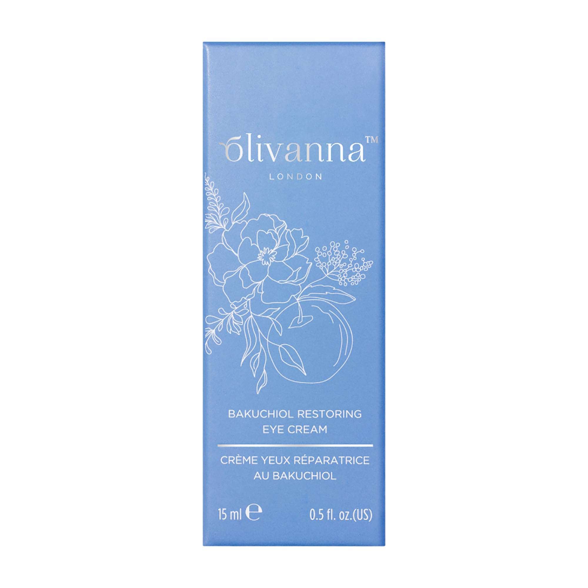 Olivanna Bakuchiol Eye Cream for dark circles, 0.5oz, featuring a sleek tube with a white and green design, suitable for skin care.