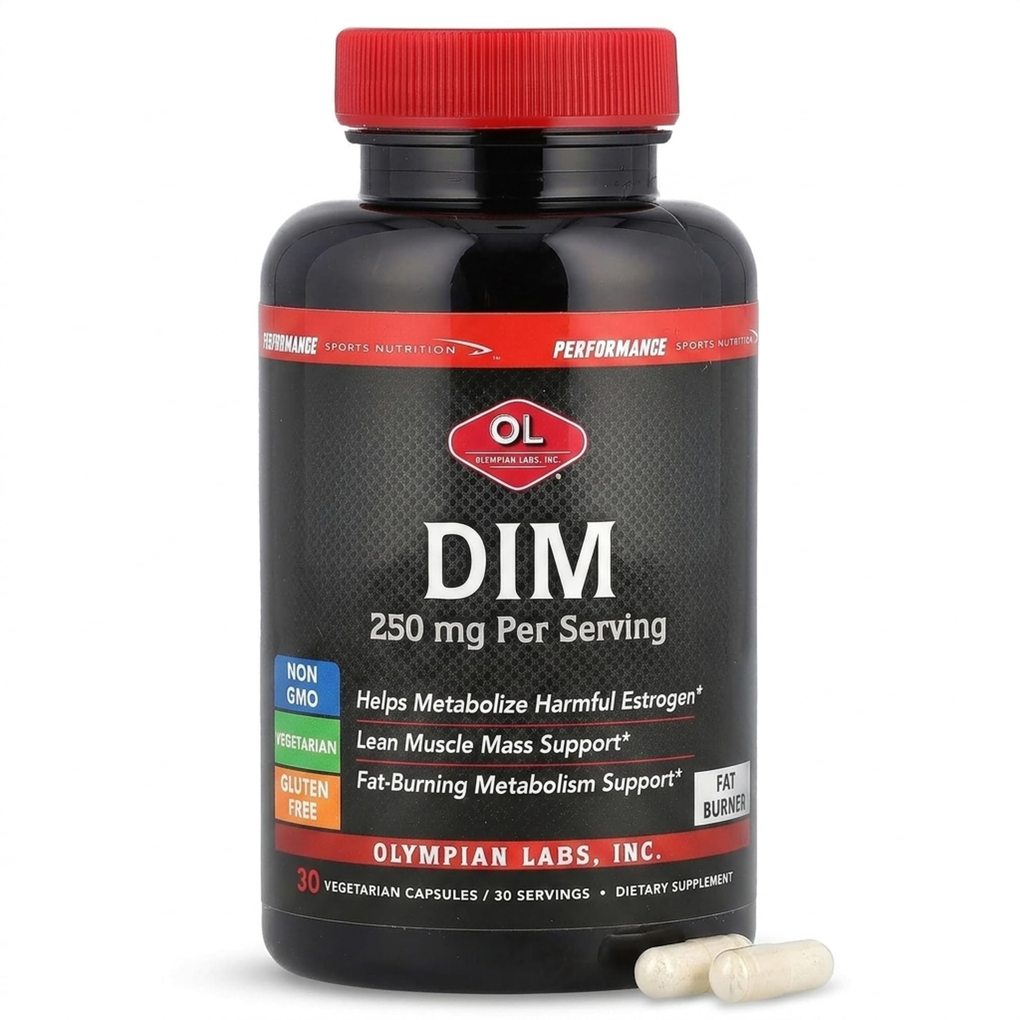 Olympian Labs DIM 250mg supplement bottle with 30 capsules, dietary nutritional supplement for hormone support.