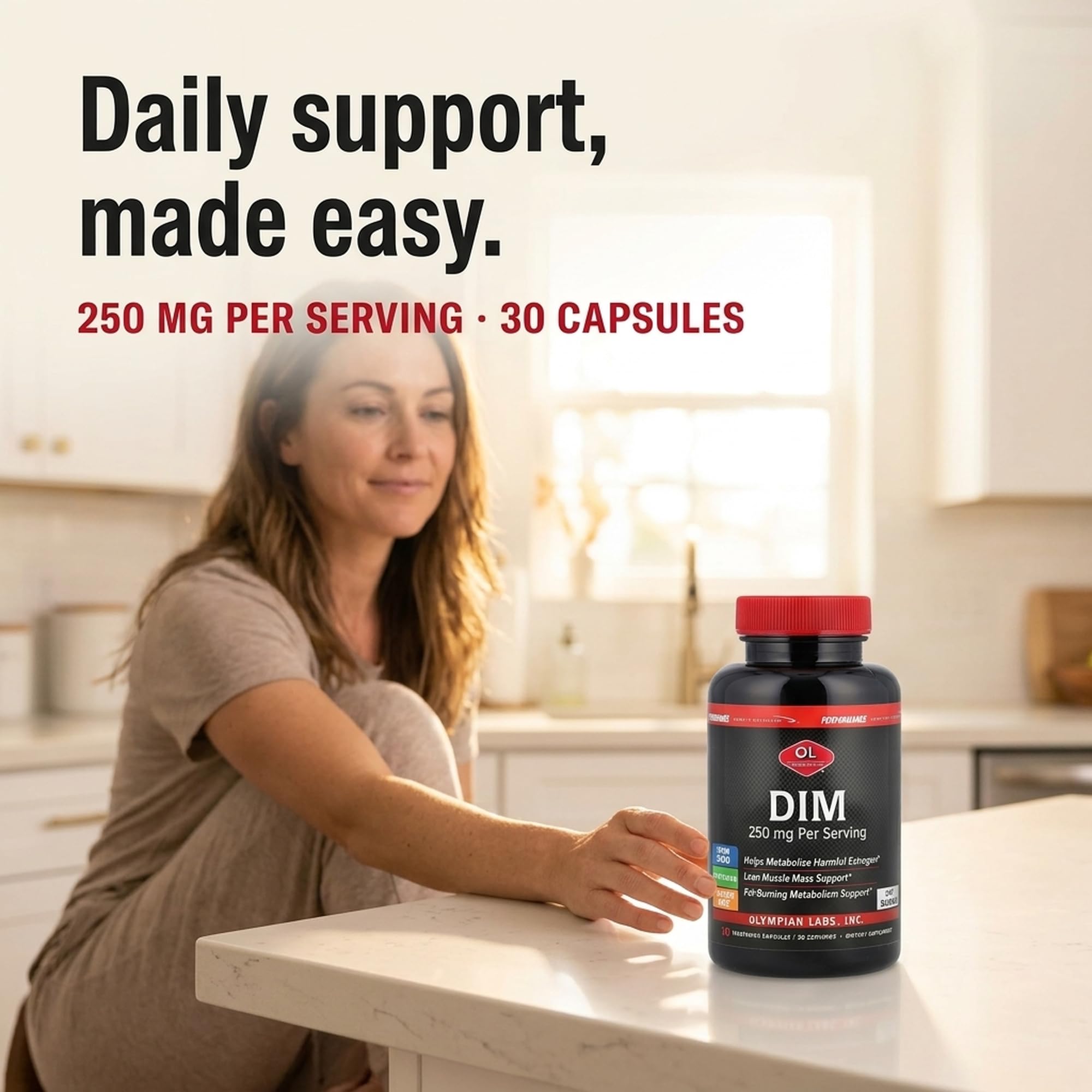 Olympian Labs DIM 250mg nutritional supplement in a bottle of 30 capsules, designed to support hormonal balance and overall health.