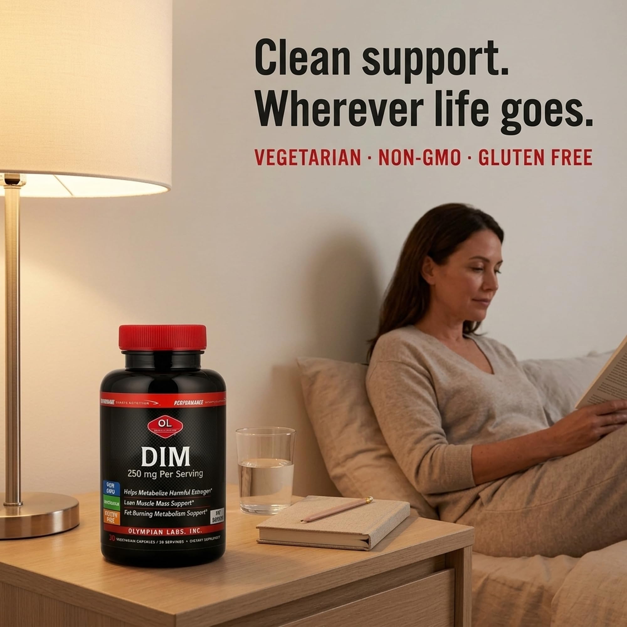 Olympian Labs DIM 250mg dietary supplement in 30 capsules, showing the supplement bottle with label and capsules inside.
