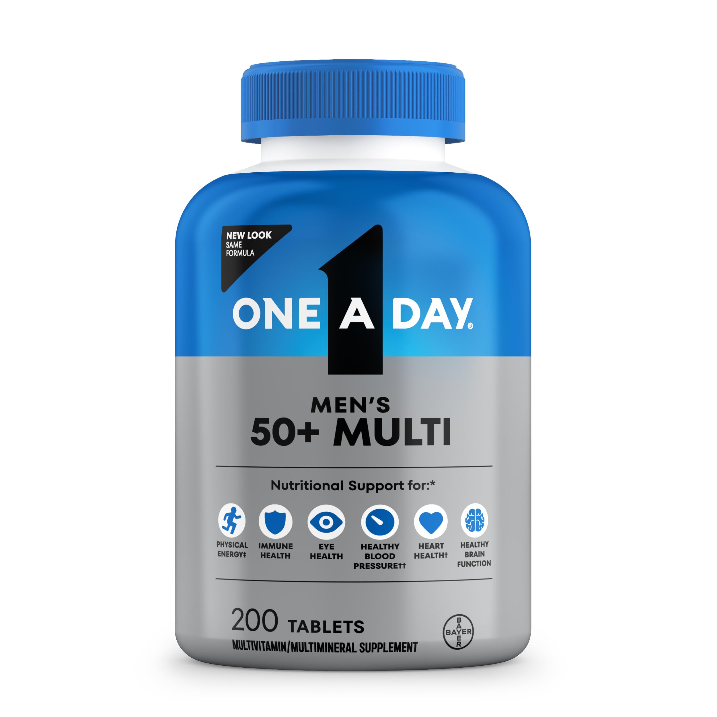 One A Day Men's 50+ Multivitamin nutritional supplement bottle with 200 tablets for energy and heart health.