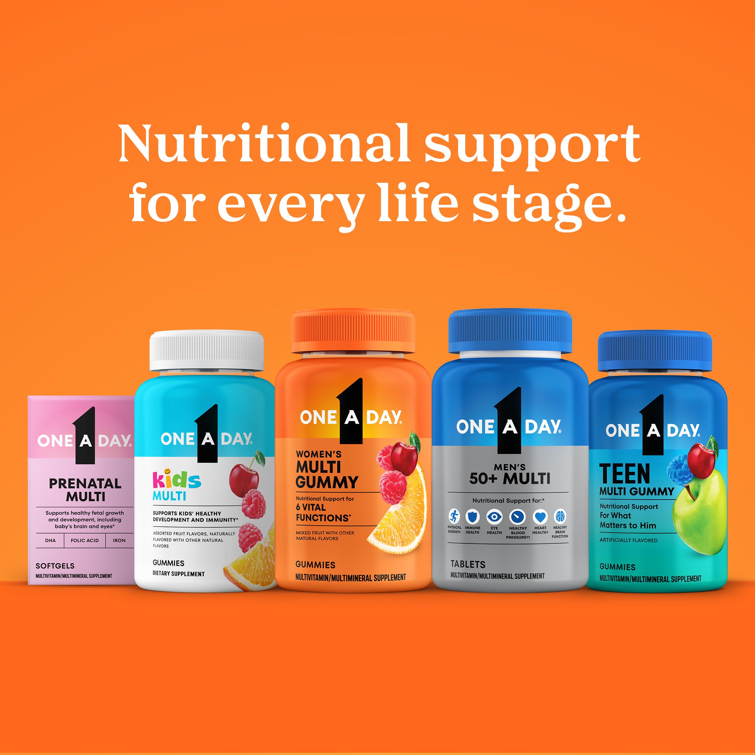 Bottle of One A Day Men's 50+ Multivitamin nutritional supplement with 200 tablets, supporting energy and heart health.