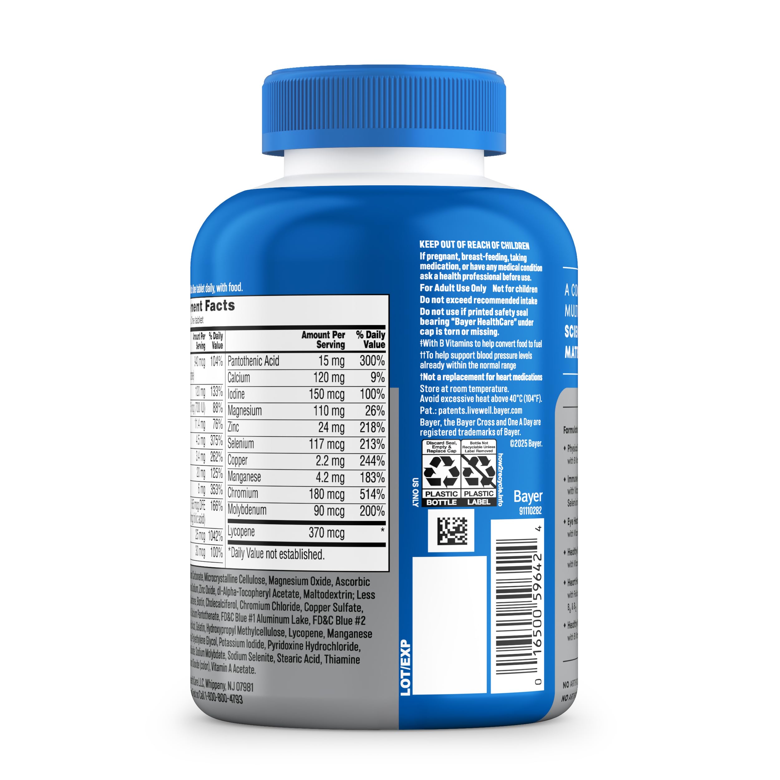 Bottle of One A Day Men's 50+ Multivitamin nutritional supplement with 200 tablets, supporting energy and heart health.