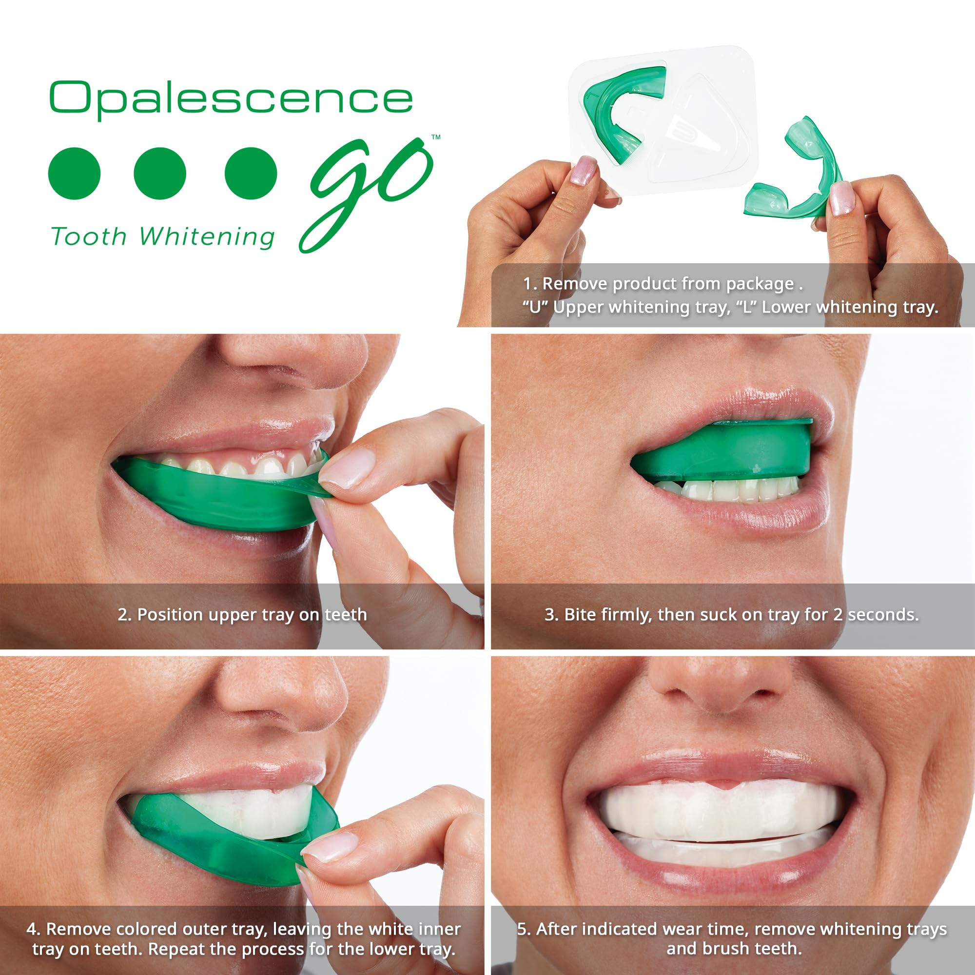 Opalescence Go 10% prefilled teeth whitening trays, 10-pack, in clear trays with whitening gel for at-home dental whitening treatment.
