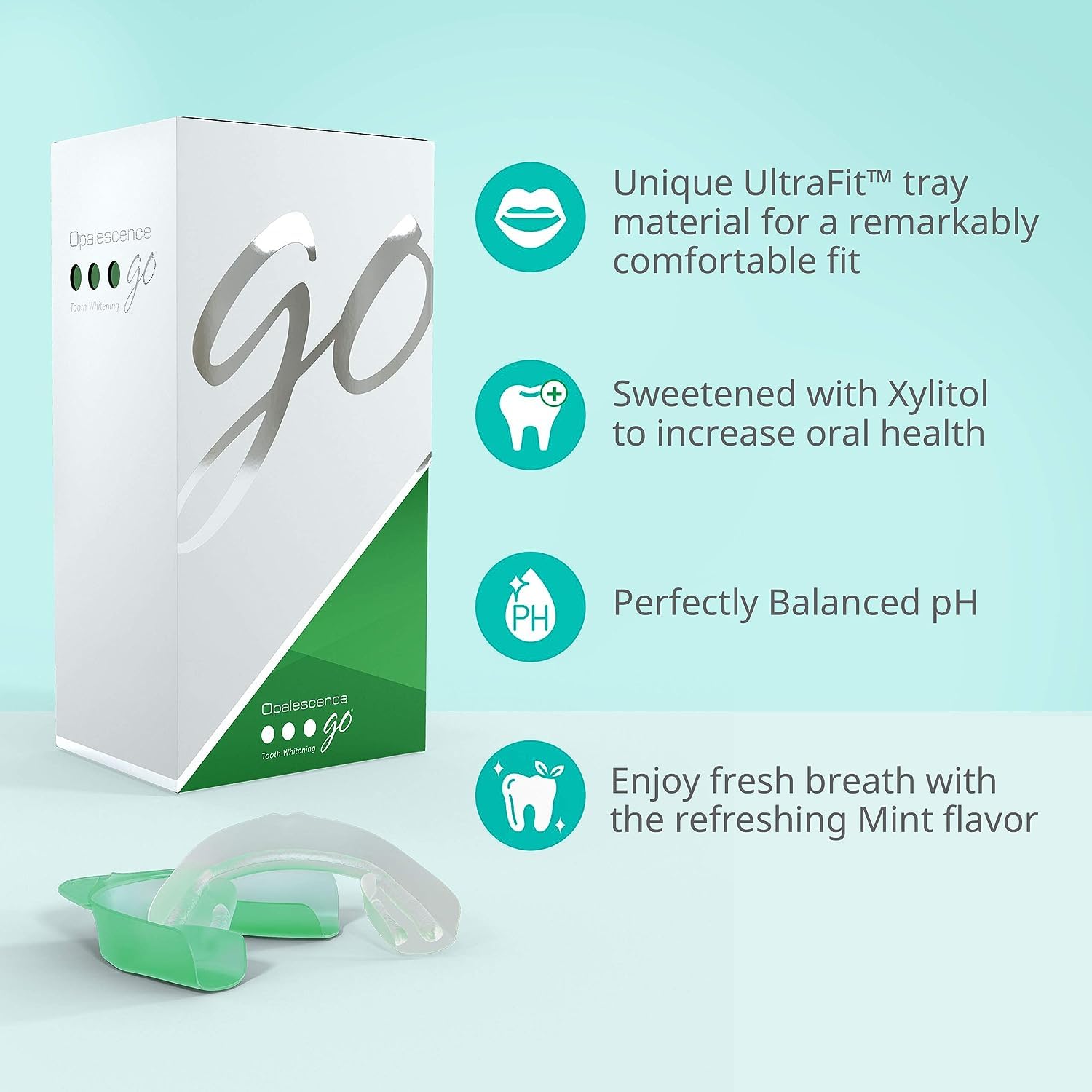 Opalescence Go 10% prefilled teeth whitening trays in a box, part of the Opalescence teeth whitening kit.