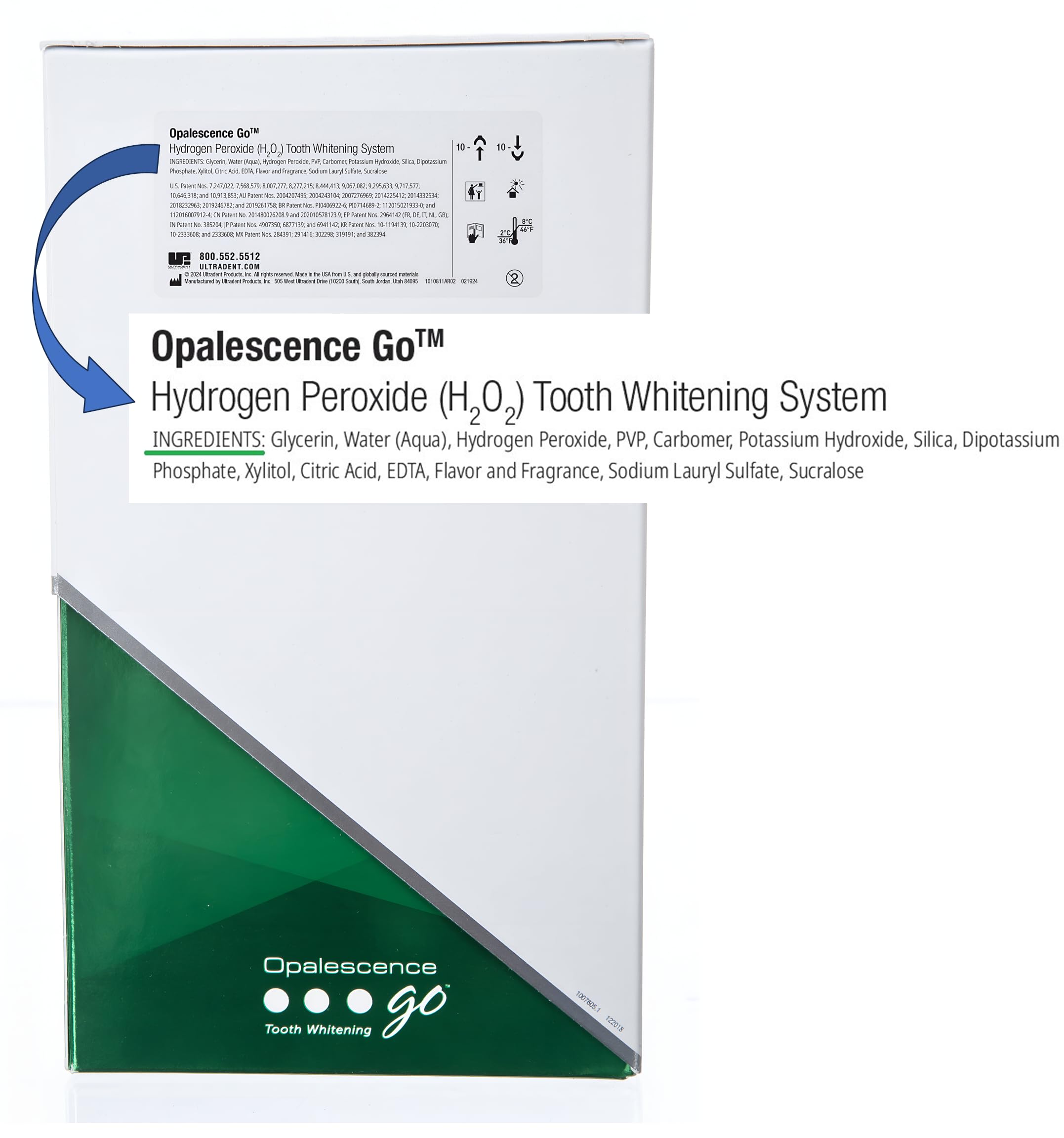 Opalescence Go 10% prefilled teeth whitening trays, 10-pack, in clear tray packaging, for at-home teeth whitening by Opalescence.