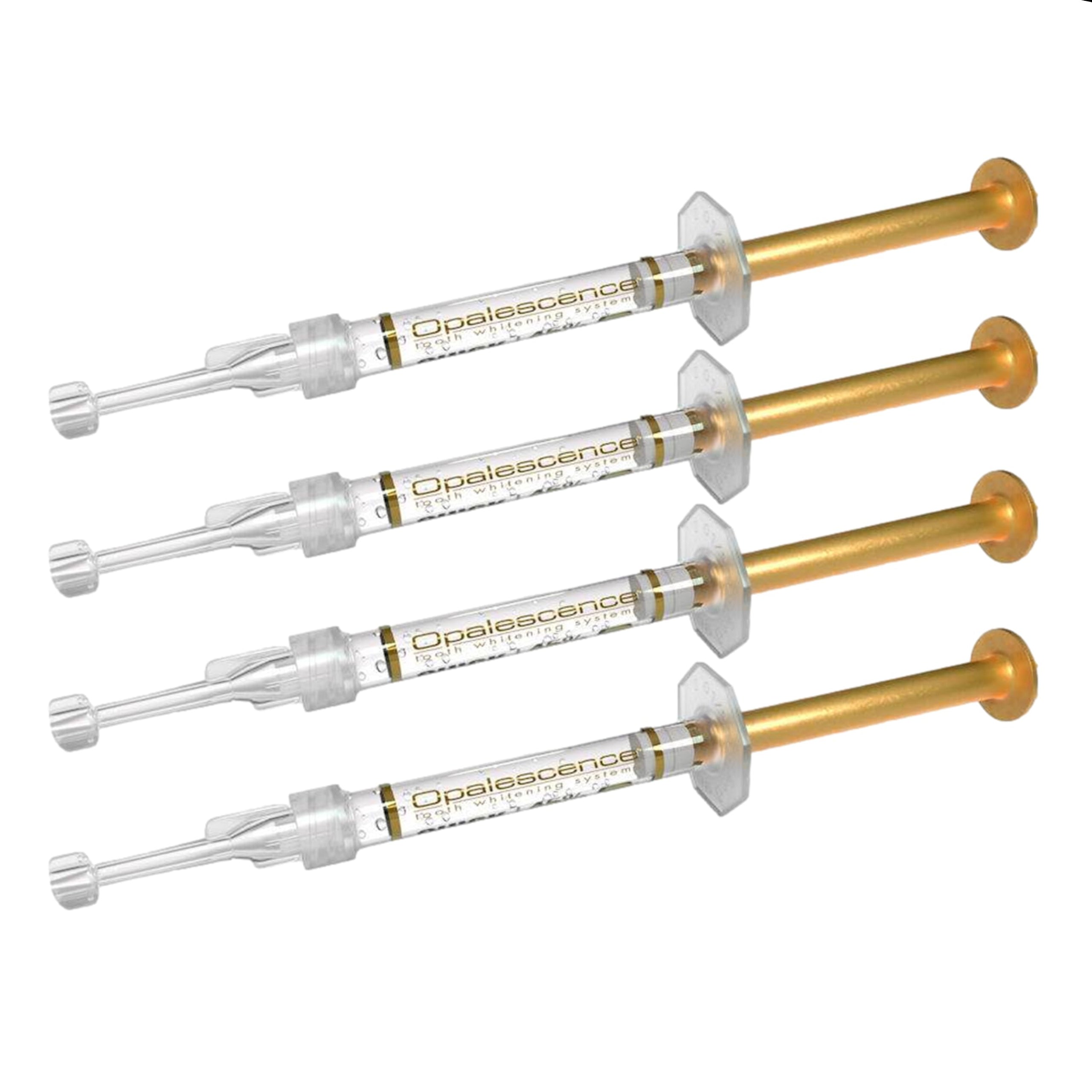 Opalescence 45% teeth whitening gel in four syringes, showing the whitening gel and applicator tips for dental whitening treatment.