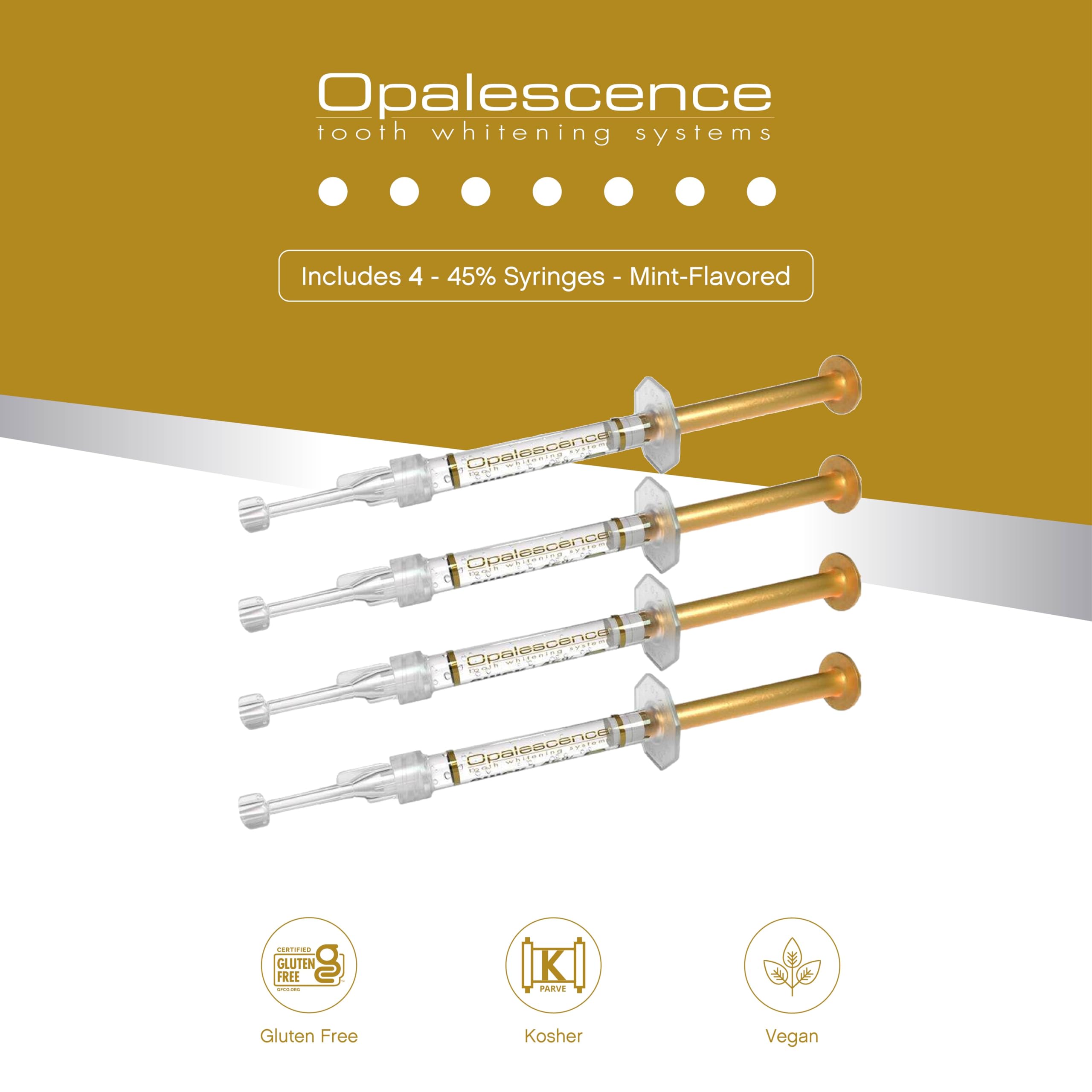 Opalescence 45% teeth whitening gel in four syringes, dental tooth whitener for professional whitening treatment.
