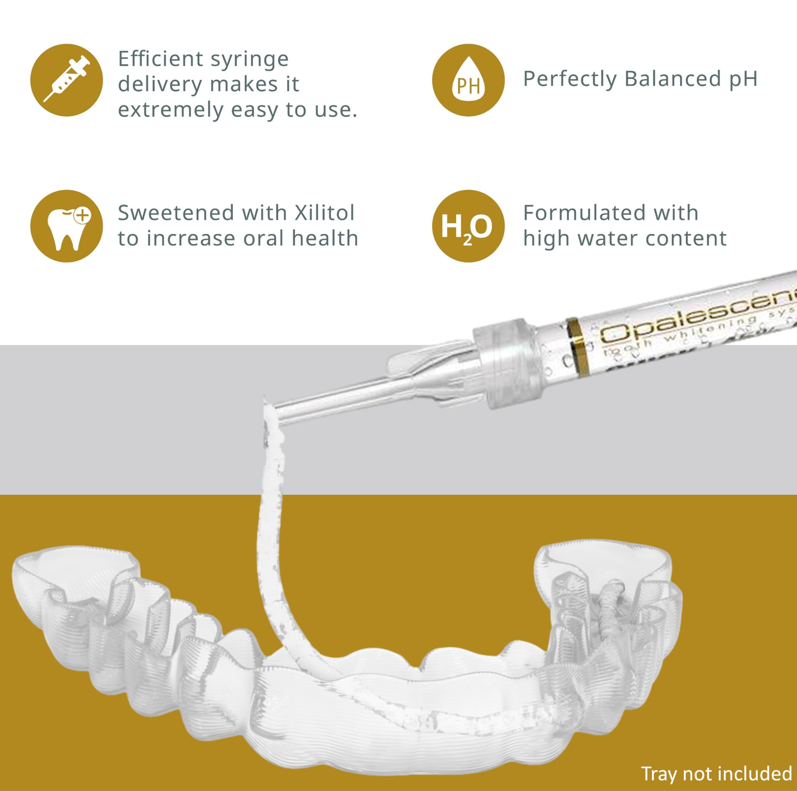 Opalescence 45% teeth whitening gel in four syringes, showing the white gel and packaging for at-home tooth whitening.
