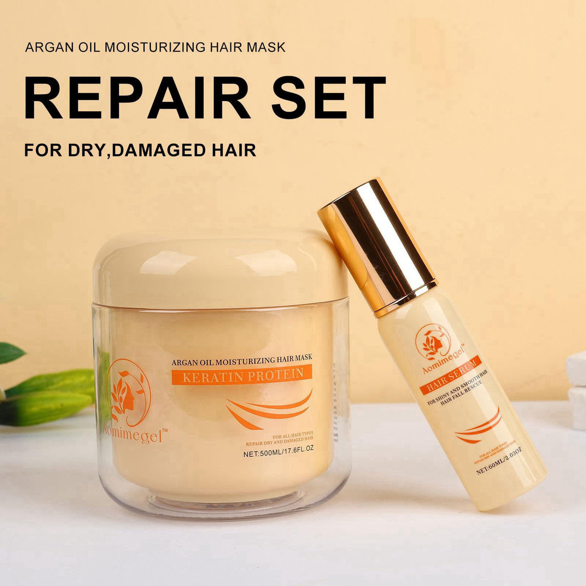 Aomimegel Collagen Repair Hair Mask & Argan Oil Set, 16.9 fl oz + 2 fl oz – product photo (Hair Masks)