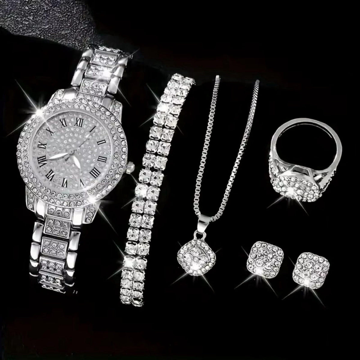 OLALACLAYCO Rhinestone Watch Jewelry Set with Necklace, Bracelet, Ring, Earrings, Hip Hop Style, 6 Pieces – SILVER Stain