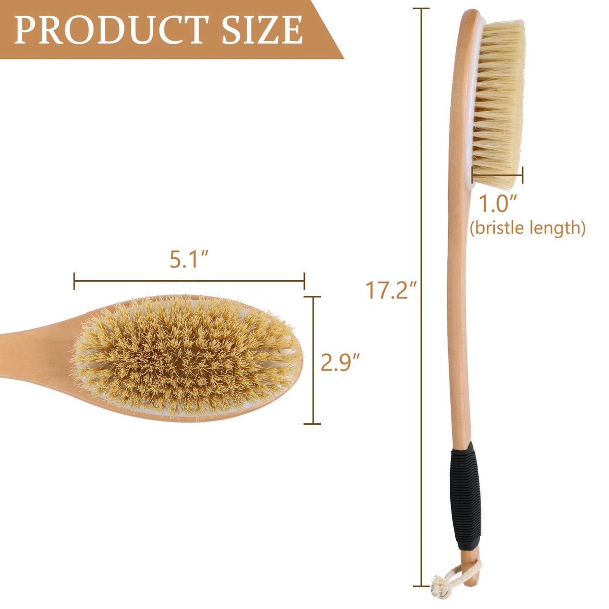 OWIIZI Back Scrubber Brush for Shower, Long Stiff Bristle Body Bath Brushes, Wooden Curved Long Handle Skin Exfoliator f
