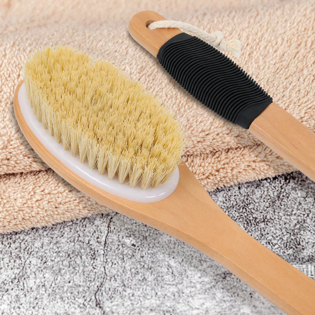 OWIIZI Back Scrubber Brush for Shower, Long Stiff Bristle Body Bath Brushes, Wooden Curved Long Handle Skin Exfoliator f