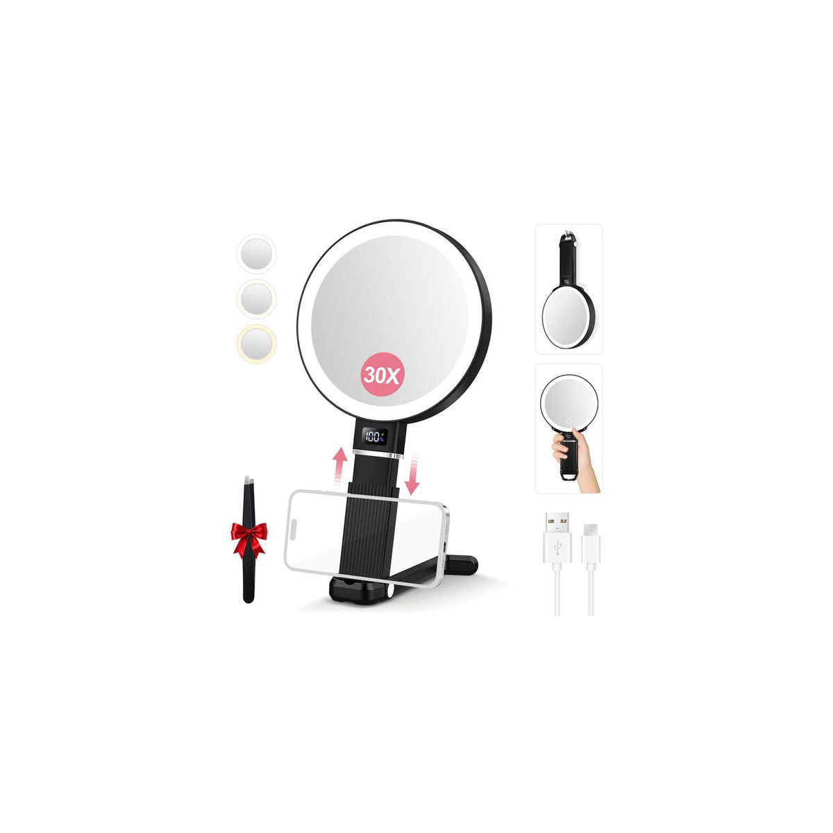 MOMOKUBA 30X Travel Magnifying Mirror with Light, Height Adjustable Vanity Mirror with Phone Holder Stand, Portable Hand