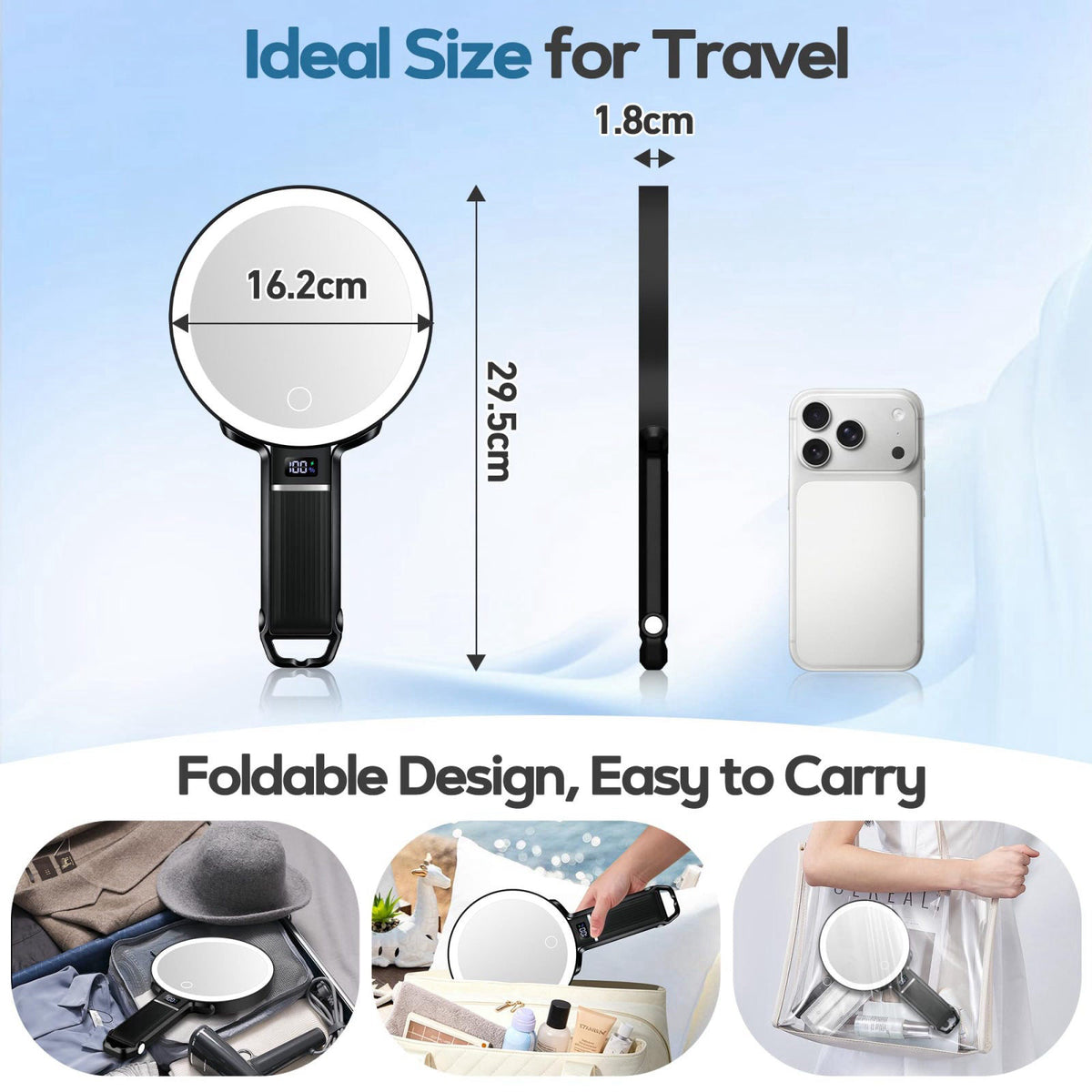 MOMOKUBA 30X Travel Magnifying Mirror with Light, Height Adjustable Vanity Mirror with Phone Holder Stand, Portable Hand