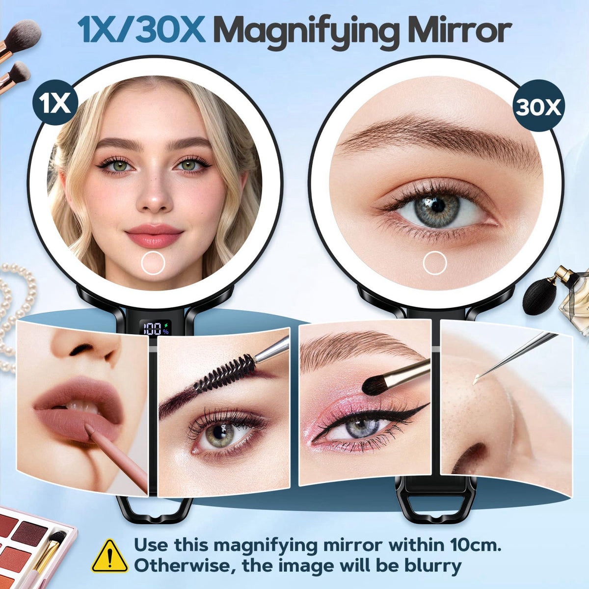 MOMOKUBA 30X Travel Magnifying Mirror with Light, Height Adjustable Vanity Mirror with Phone Holder Stand, Portable Hand