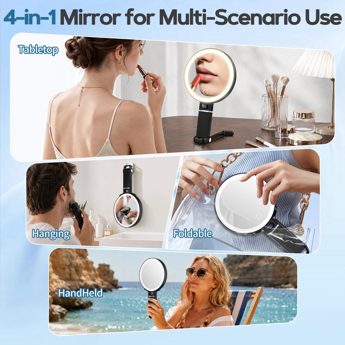 MOMOKUBA 30X Travel Magnifying Mirror with Light, Height Adjustable Vanity Mirror with Phone Holder Stand, Portable Hand