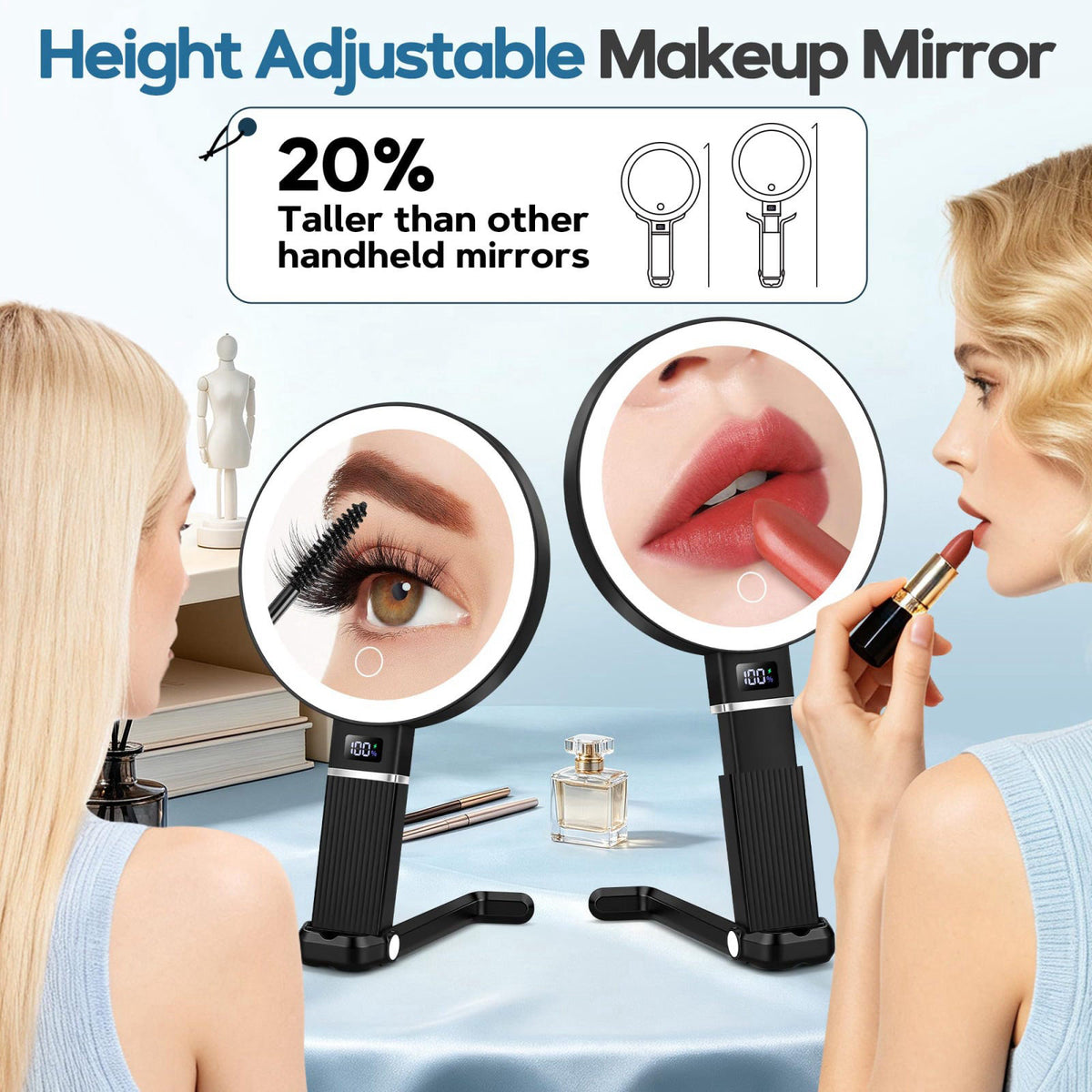 MOMOKUBA 30X Travel Magnifying Mirror with Light, Height Adjustable Vanity Mirror with Phone Holder Stand, Portable Hand