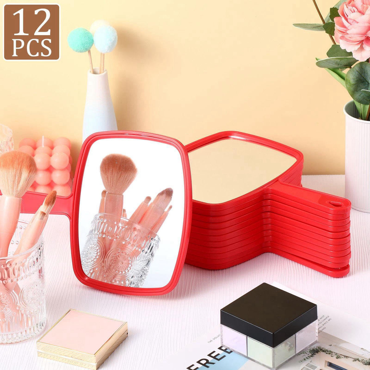 Geetery 12 Pcs Handheld Mirrors with Handle, Hand Mirror Bulk, Red – packaging and label