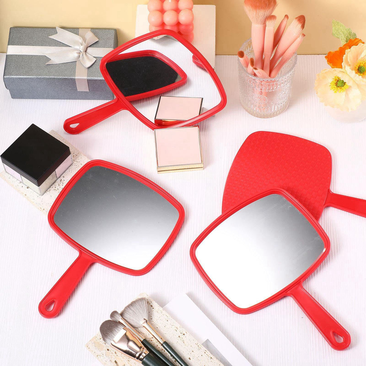 Geetery 12 Pcs Handheld Mirrors with Handle, Hand Mirror Bulk, Red – full view