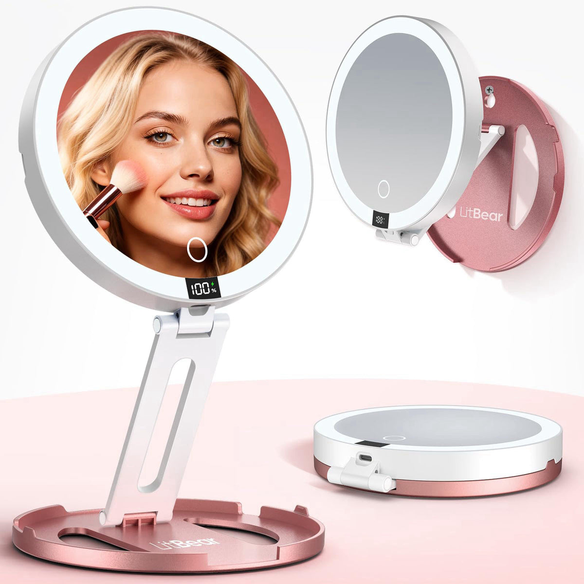 LitBear Travel Makeup Mirror with Lights, 10X/1X Foldable Magnifying Mirror – Rose Gold, Acrylonitrile Butadiene Styrene
