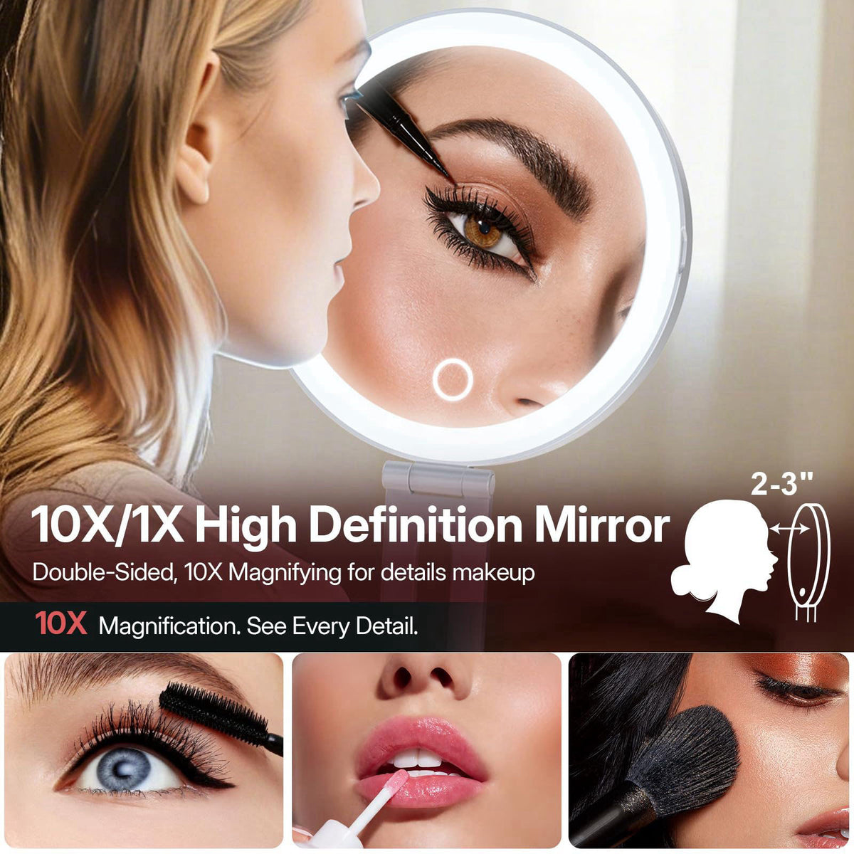 LitBear Travel Makeup Mirror with Lights, 10X/1X Foldable Magnifying Mirror – full view