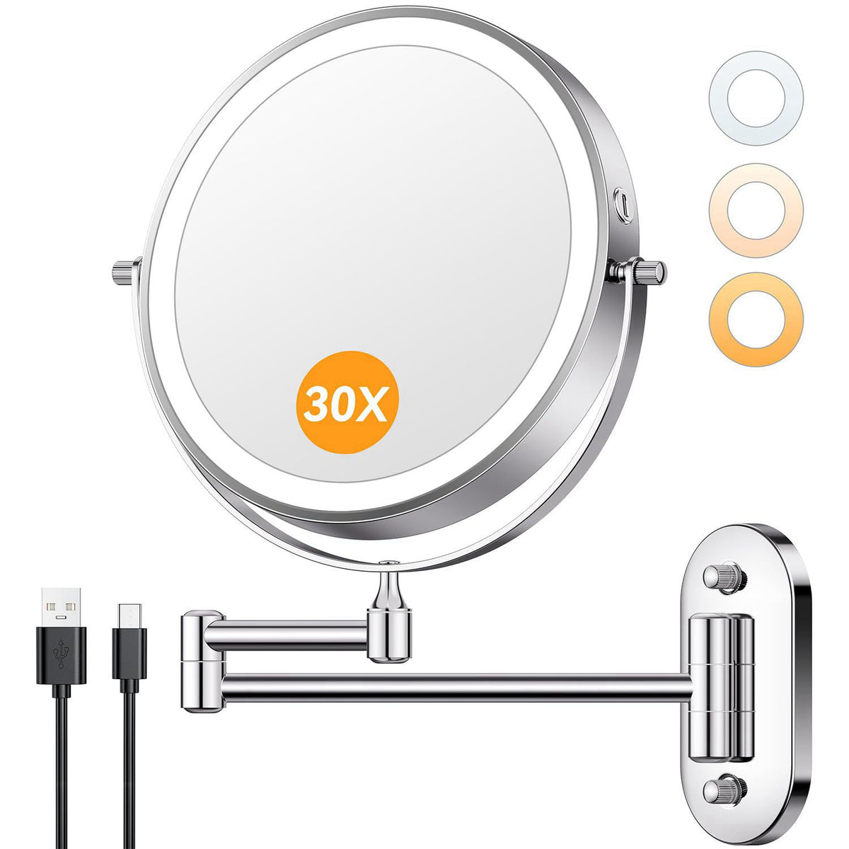 Auxmir 1X/30X Wall Mounted Makeup Mirror, 8" Rechargeable Magnifying Mirror – 8'' 30x-chrome, Metal