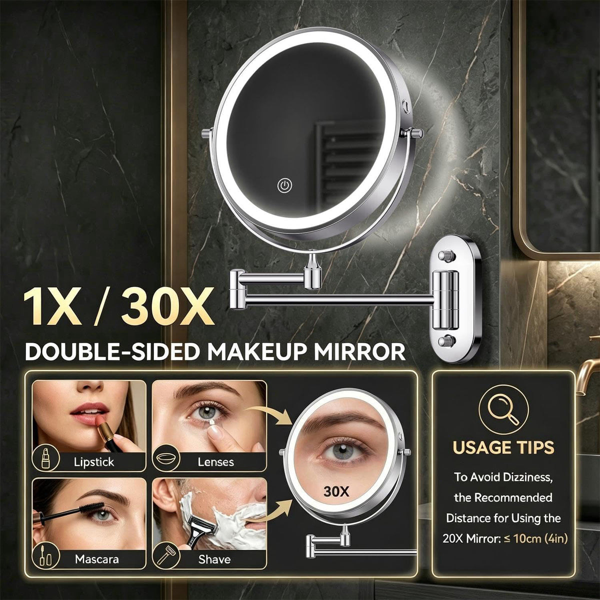 Auxmir 1X/30X Wall Mounted Makeup Mirror, 8" Rechargeable Magnifying Mirror – packaging and label