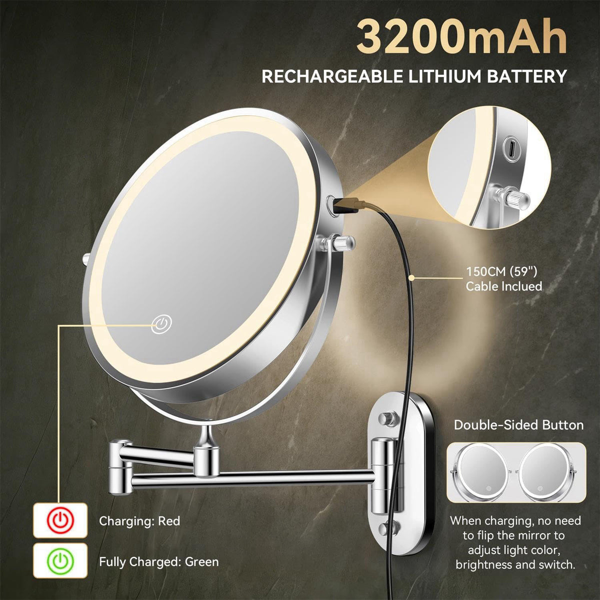 Auxmir 1X/30X Wall Mounted Makeup Mirror, 8" Rechargeable Magnifying Mirror – full view
