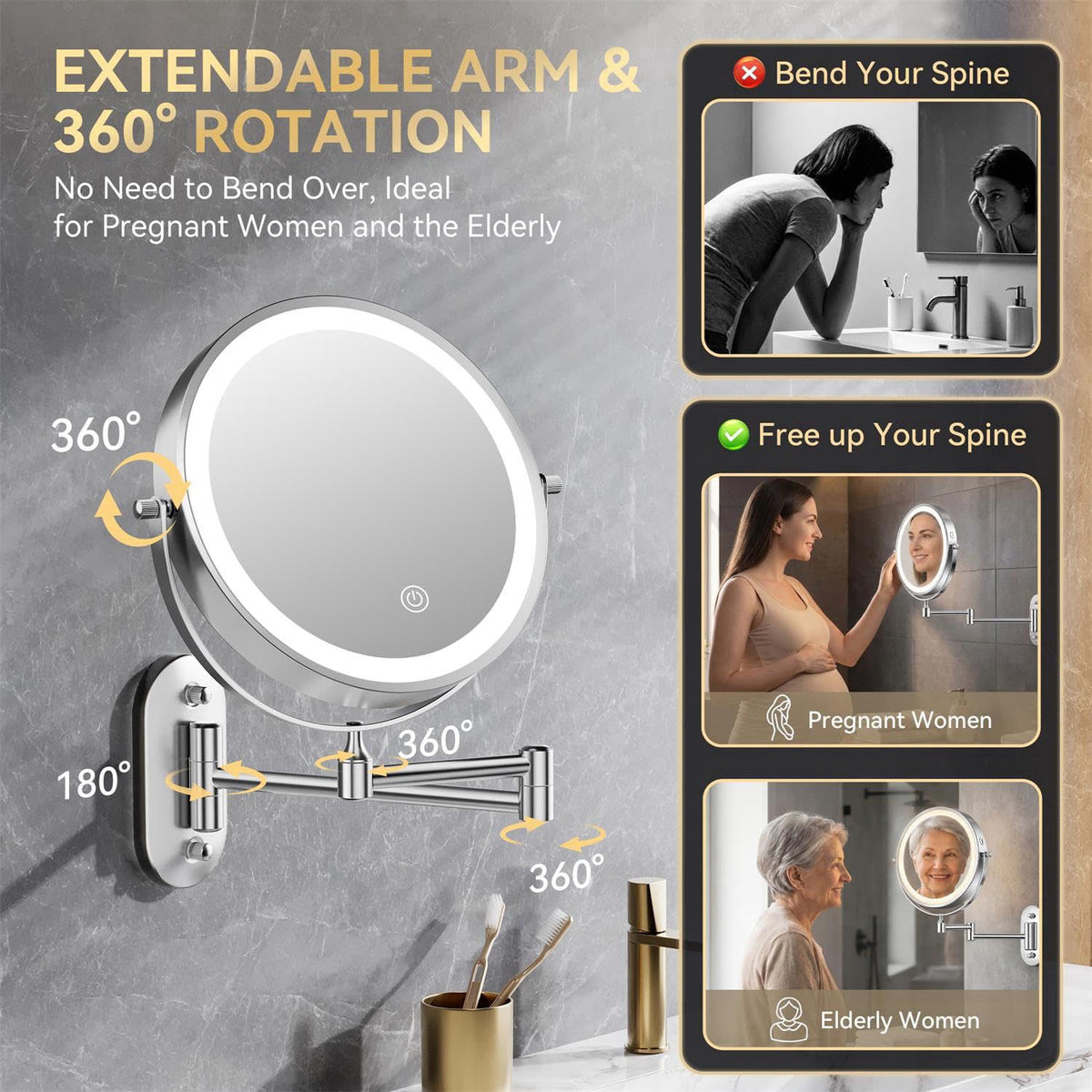 Auxmir 1X/30X Wall Mounted Makeup Mirror, 8" Rechargeable Magnifying Mirror – alternate angle