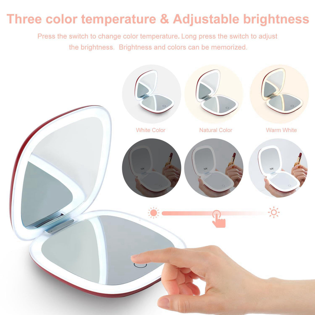 Mocado Compact Mirror with Light-4 Inches Compact 1x/10x Magnifying Mirror – back view and specifications