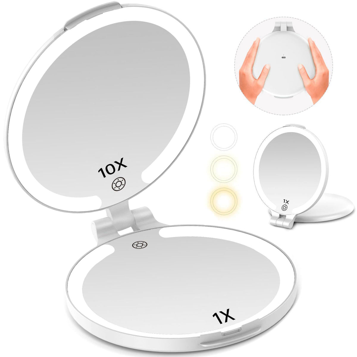 FUNTOUCH 7'' Travel Makeup Mirror with Lights 10X Magnifying, 3 Color Portable Double Side Vanity Compact Mirror with Re