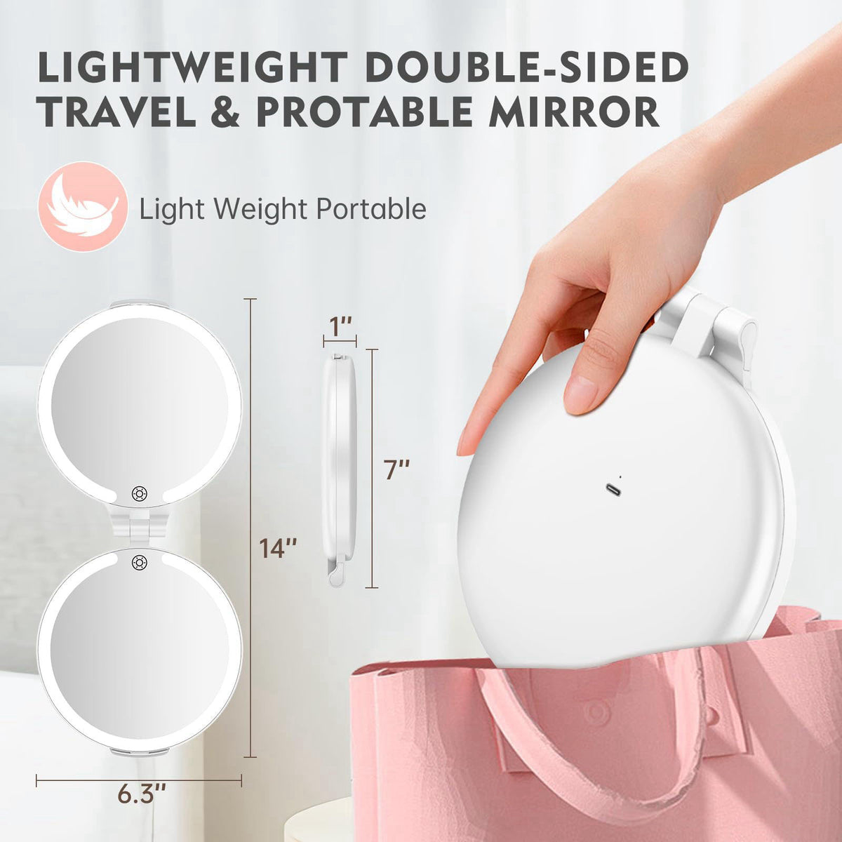 FUNTOUCH 7'' Travel Makeup Mirror with Lights 10X Magnifying, 3 Color Portable Double Side Vanity Compact Mirror with Re