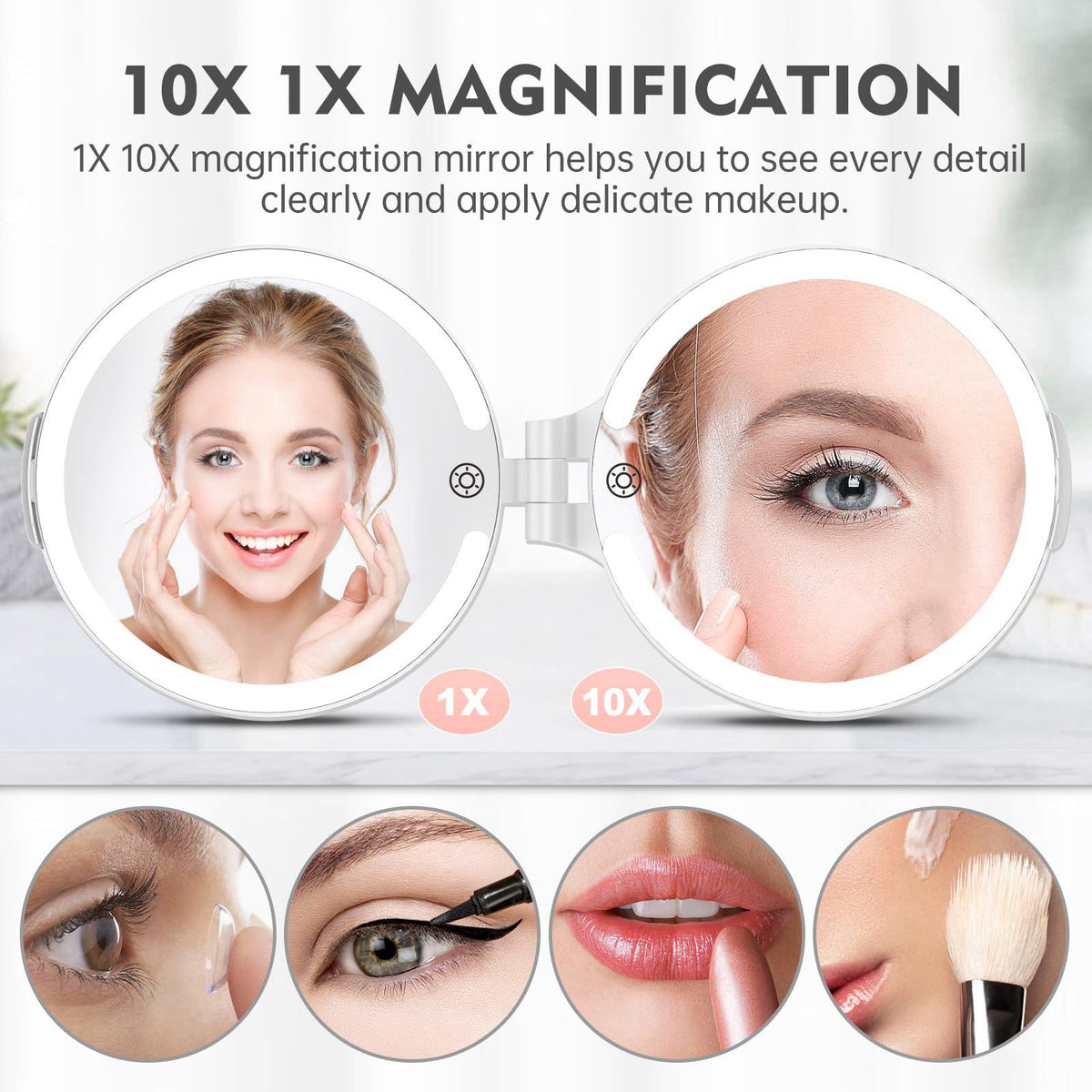 FUNTOUCH 7'' Travel Makeup Mirror with Lights 10X Magnifying, 3 Color Portable Double Side Vanity Compact Mirror with Re