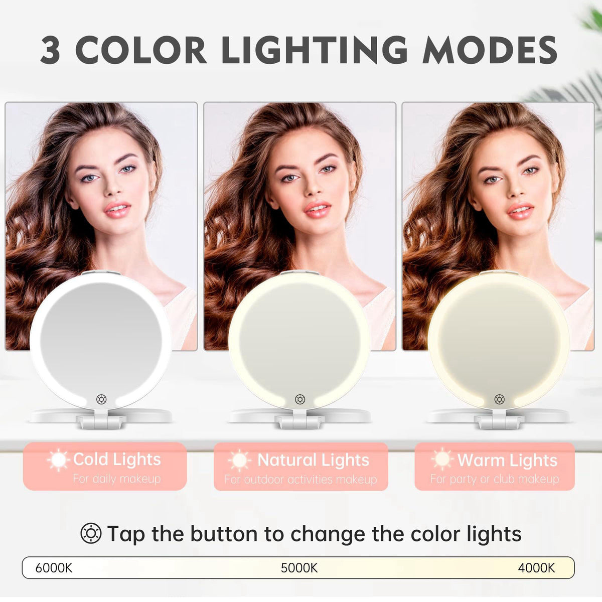 FUNTOUCH 7'' Travel Makeup Mirror with Lights 10X Magnifying, 3 Color Portable Double Side Vanity Compact Mirror with Re