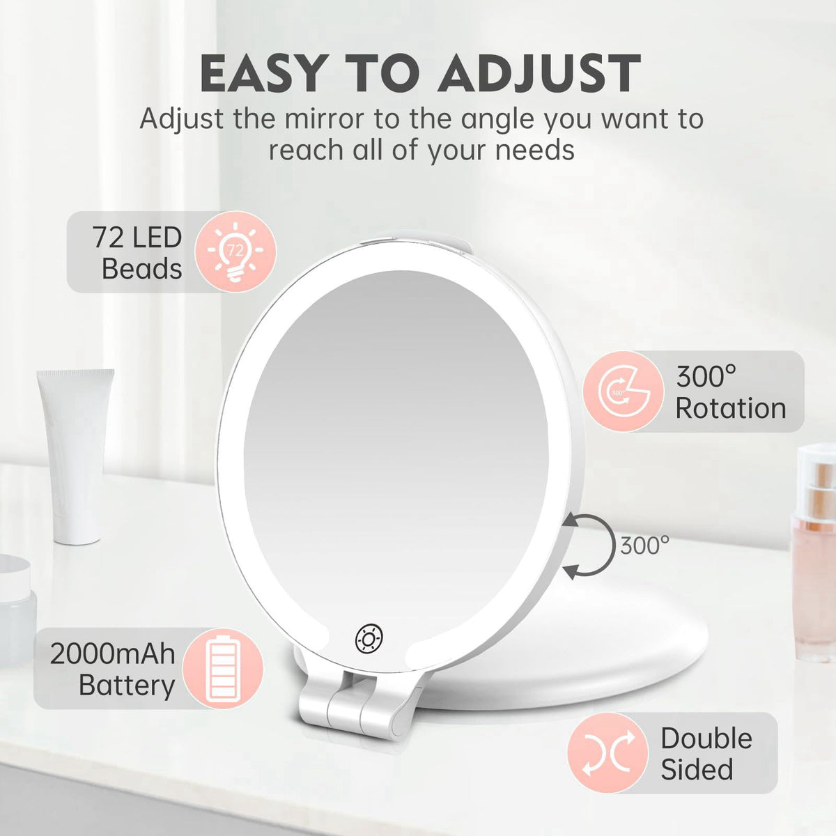 FUNTOUCH 7'' Travel Makeup Mirror with Lights 10X Magnifying, 3 Color Portable Double Side Vanity Compact Mirror with Re