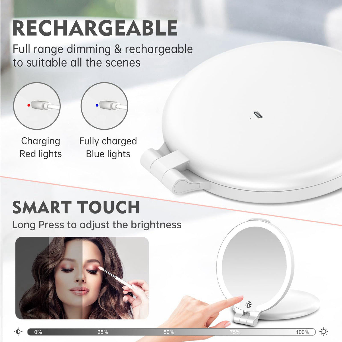 FUNTOUCH 7'' Travel Makeup Mirror with Lights 10X Magnifying, 3 Color Portable Double Side Vanity Compact Mirror with Re