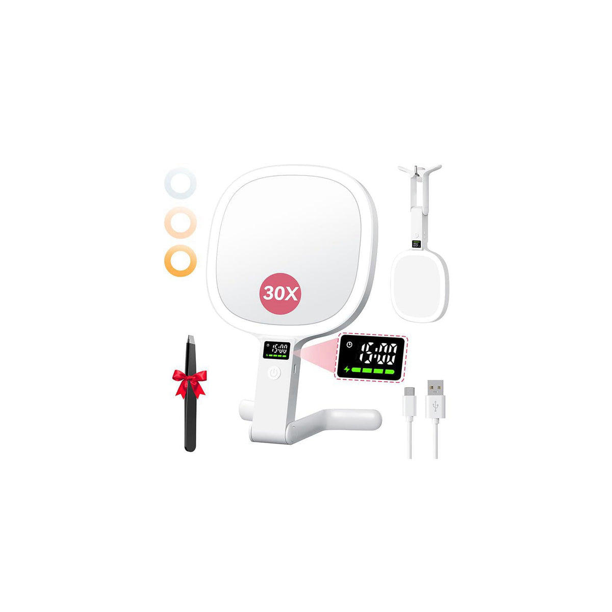 Auxmir 30X/1X Travel Makeup Mirror with Lights, LED Display, 3 Color Modes – White, Acrylonitrile Butadiene Styrene (ABS