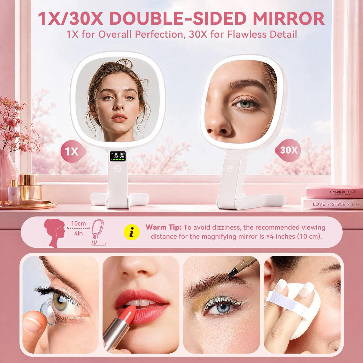Auxmir 30X/1X Travel Makeup Mirror with Lights, LED Display, 3 Color Modes – packaging and label